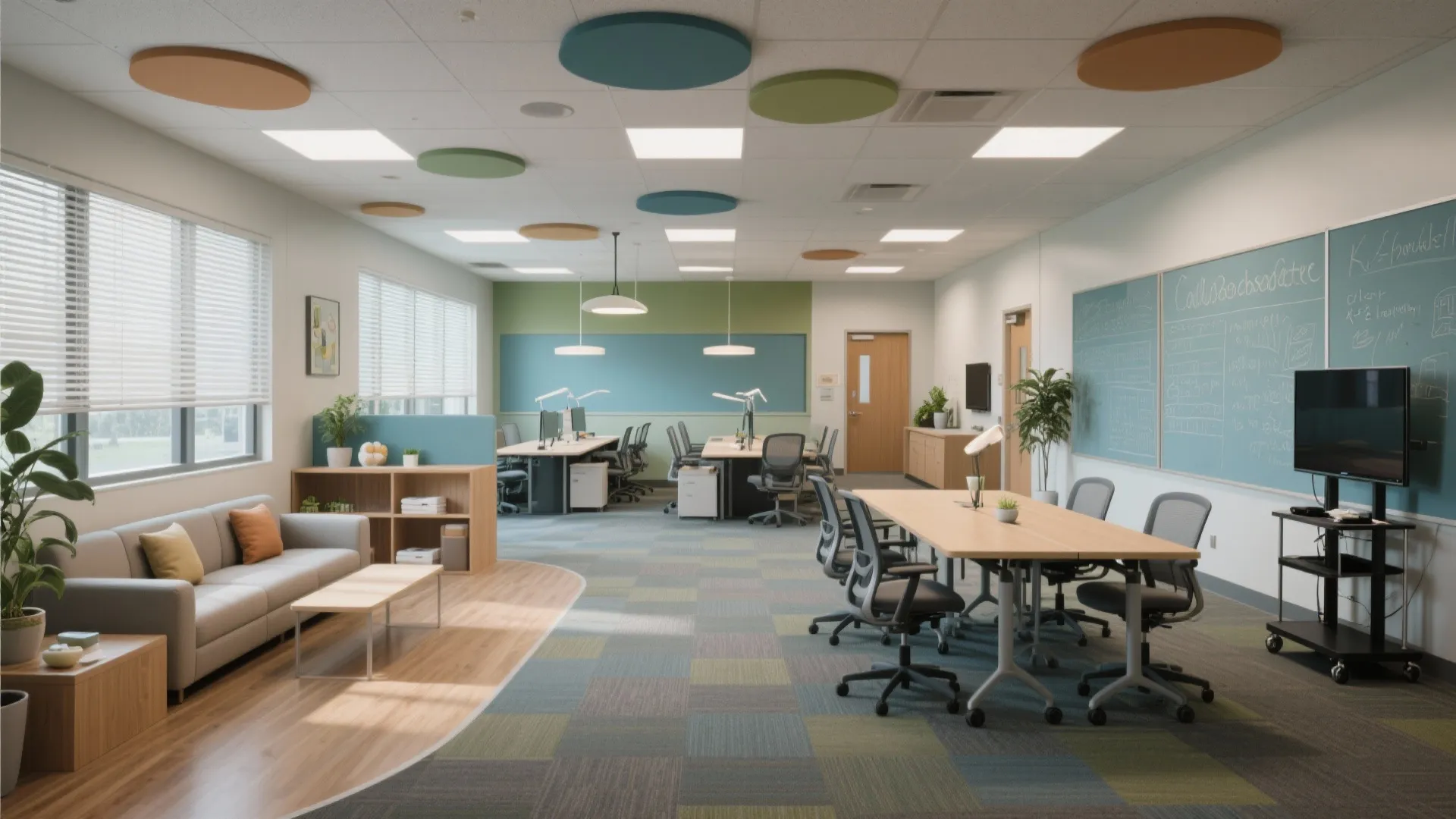 Modern office with grey sofa wooden desks black chairs colorful ceiling lights and large windows