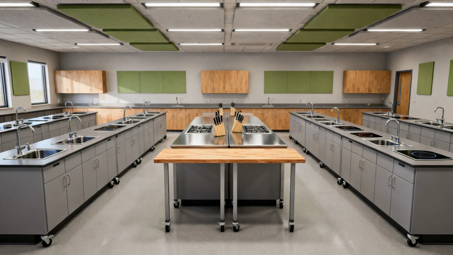 Teaching kitchen with a two-height central island and perimeter stations, acoustic baffles, and task lighting.