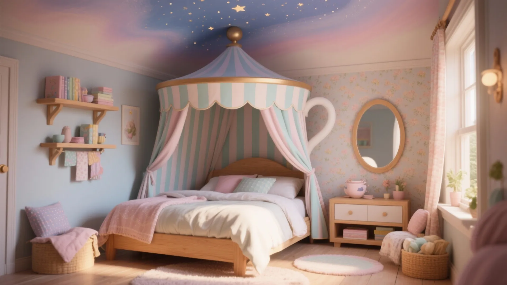 Whimsical children bedroom with teacup shaped bed canopy, starry ceiling, pastel colors, and floral wallpaper