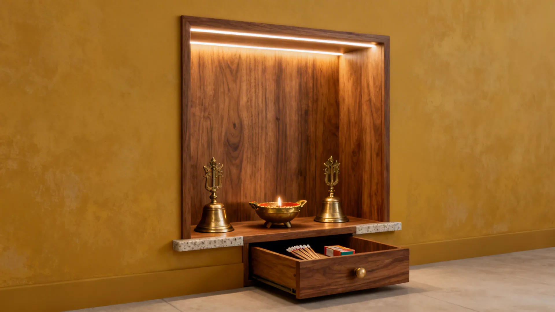 Minimal teak pooja alcove with brass diyas and turmeric wall wash in a compact home.