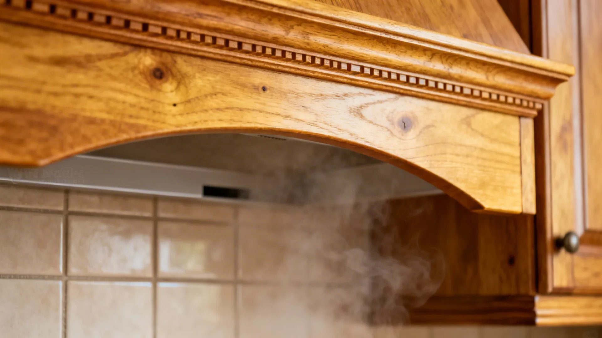 Carved wood arch over hob alcove