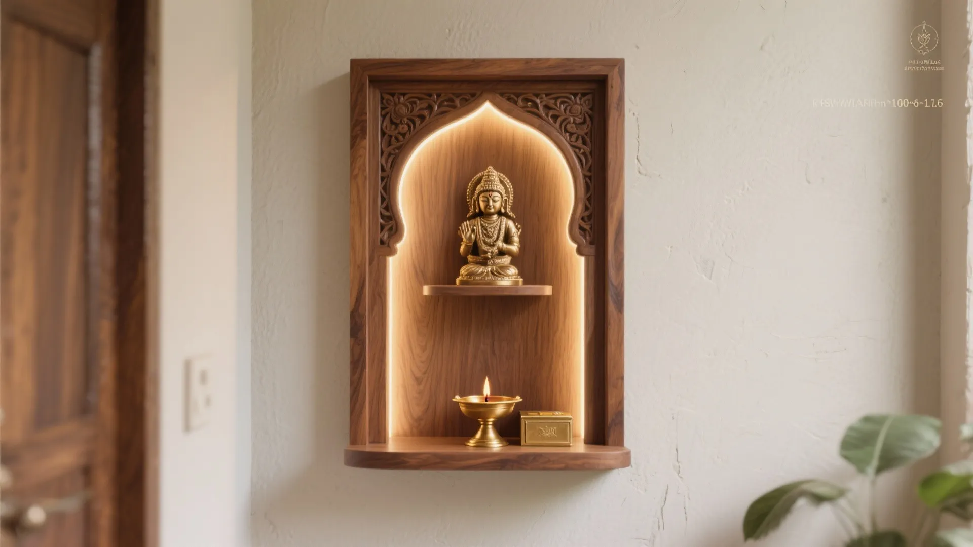 Minimal carved teak frame with a backlit halo