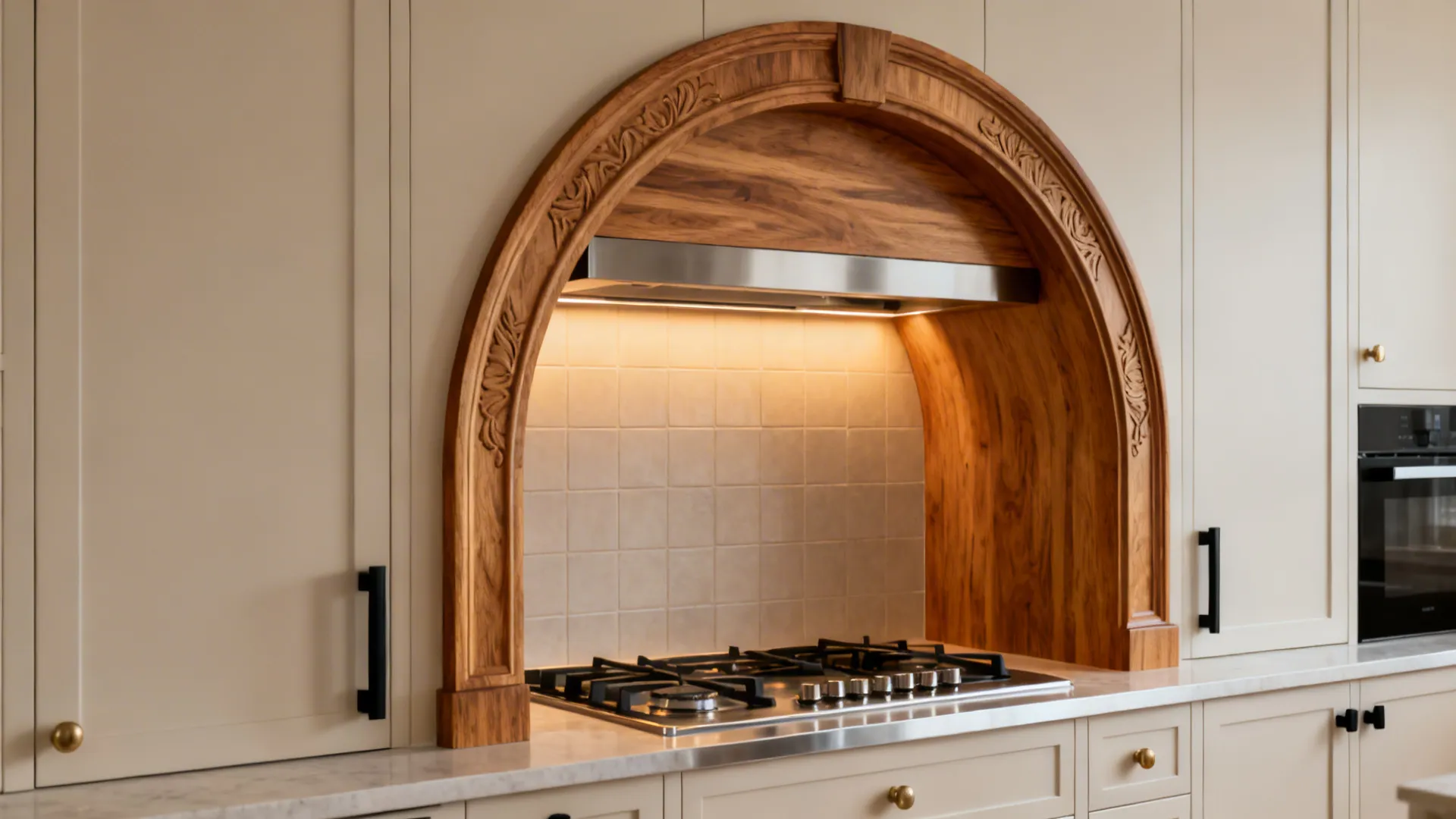 Carved wood arch over hob alcove