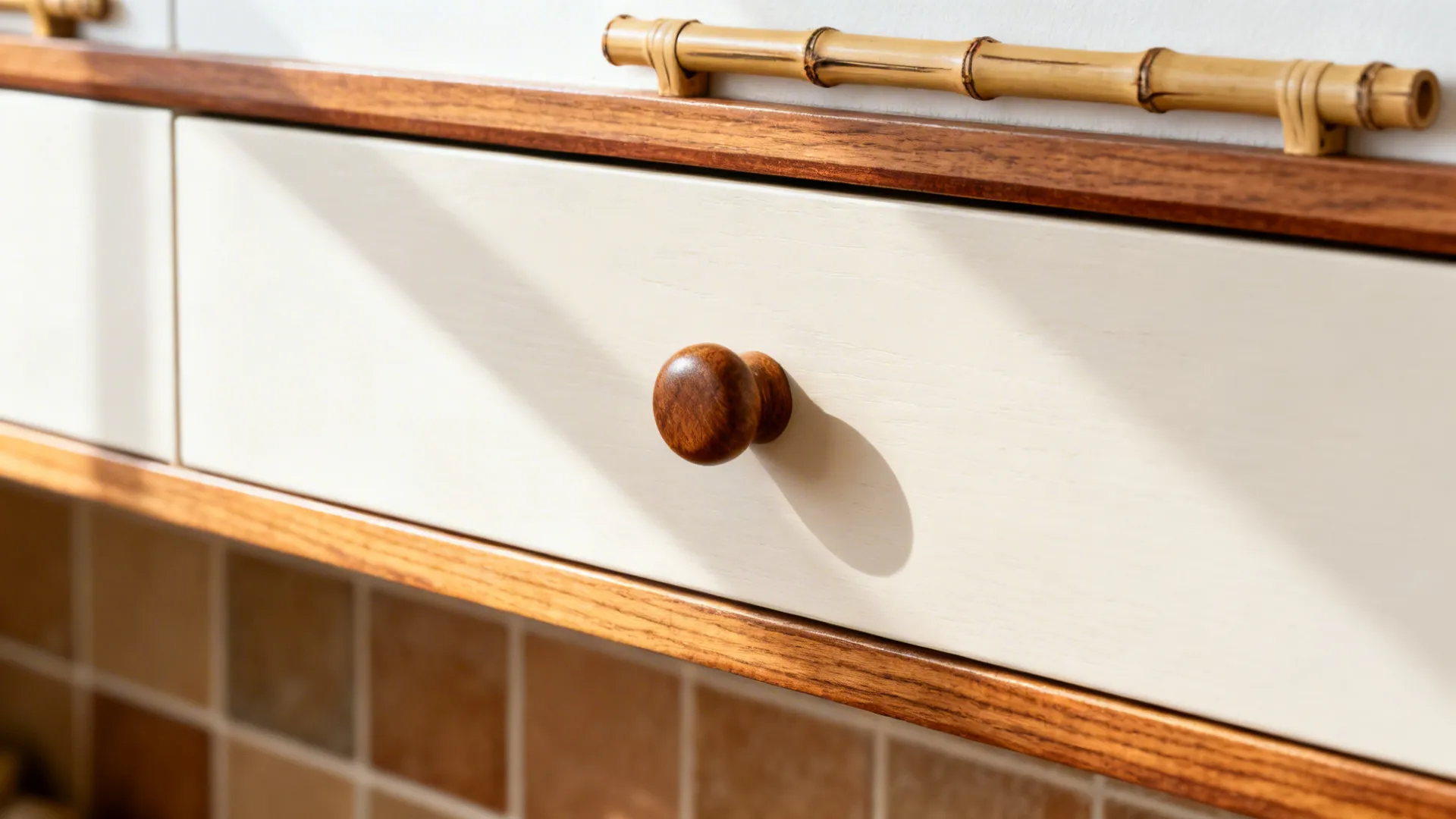 Close-up of a teak drawer handle and bamboo utensil rail with smooth, oiled finish.