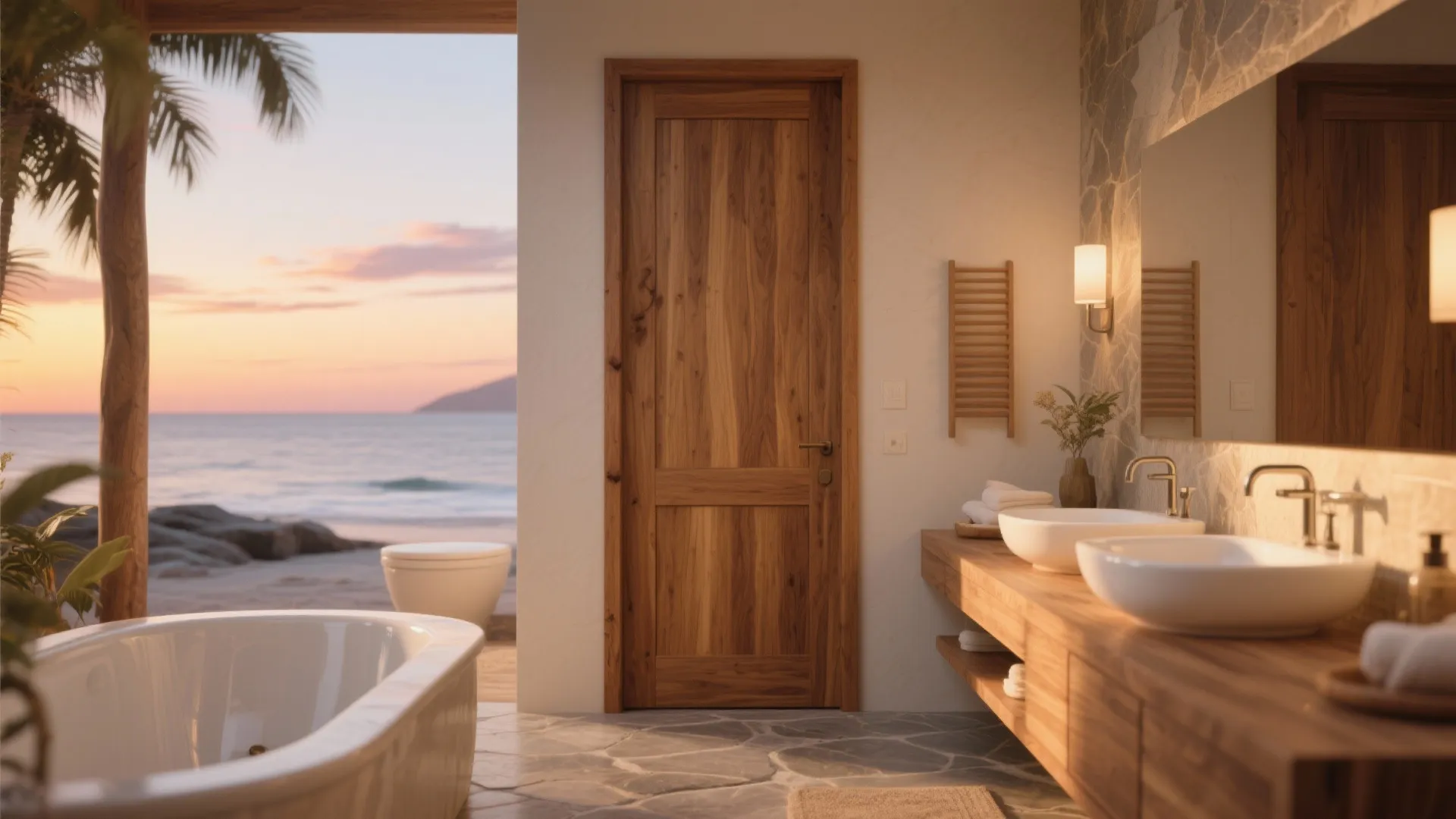 Luxury tropical bathroom with wooden door double white sinks bathtub and beautiful sunset beach view outside