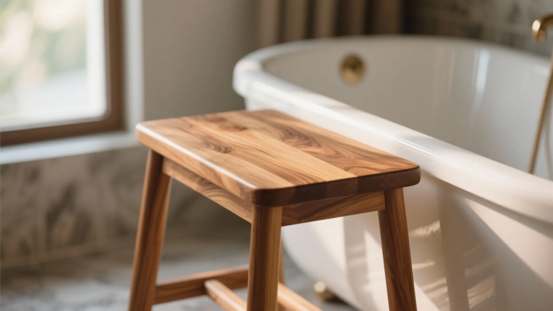 Close up of a wooden stool next to a white bathtub in a bright bathroom