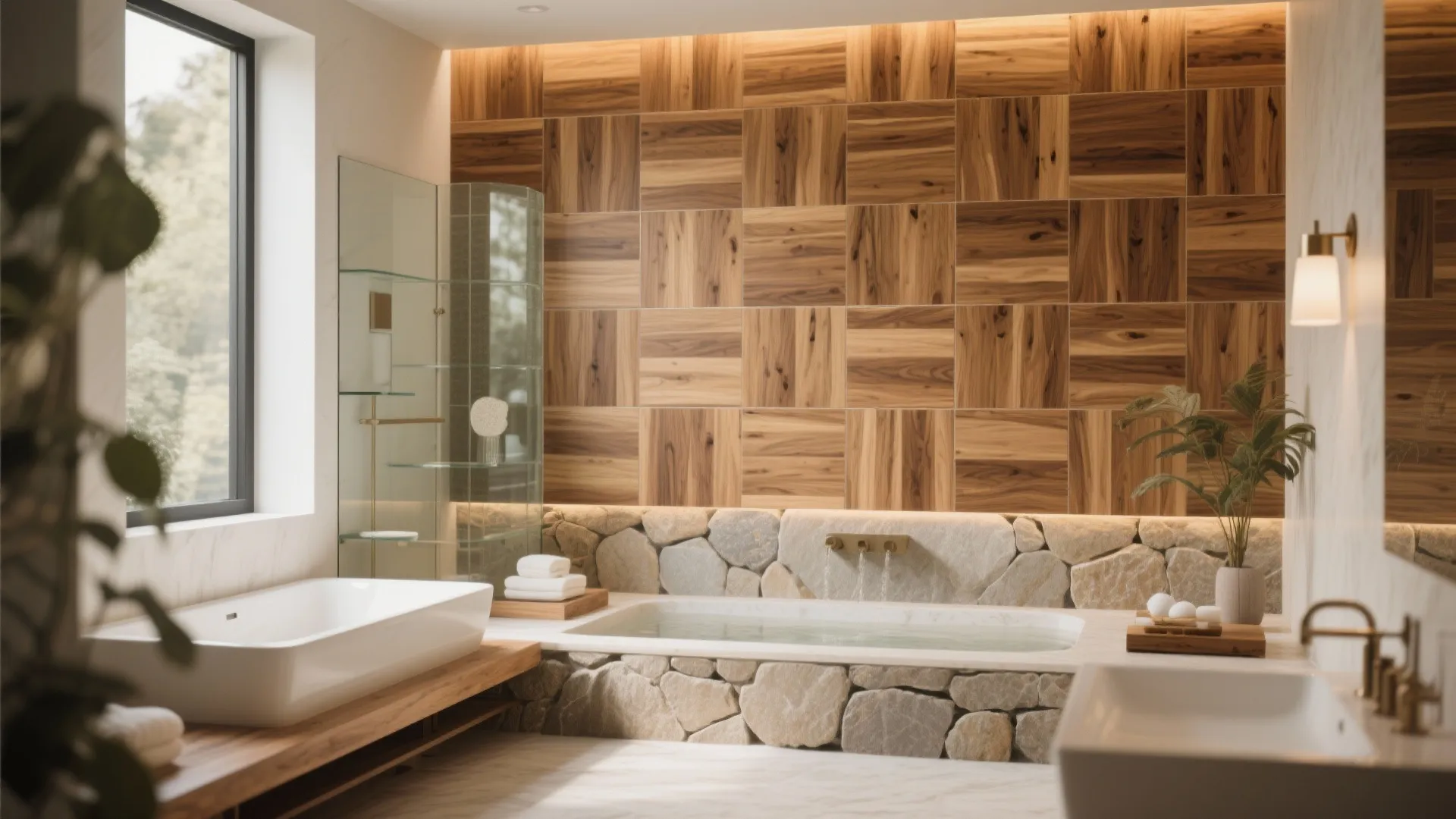 Modern bathroom with wood wall panels stone bathtub white sink gold faucet and natural light