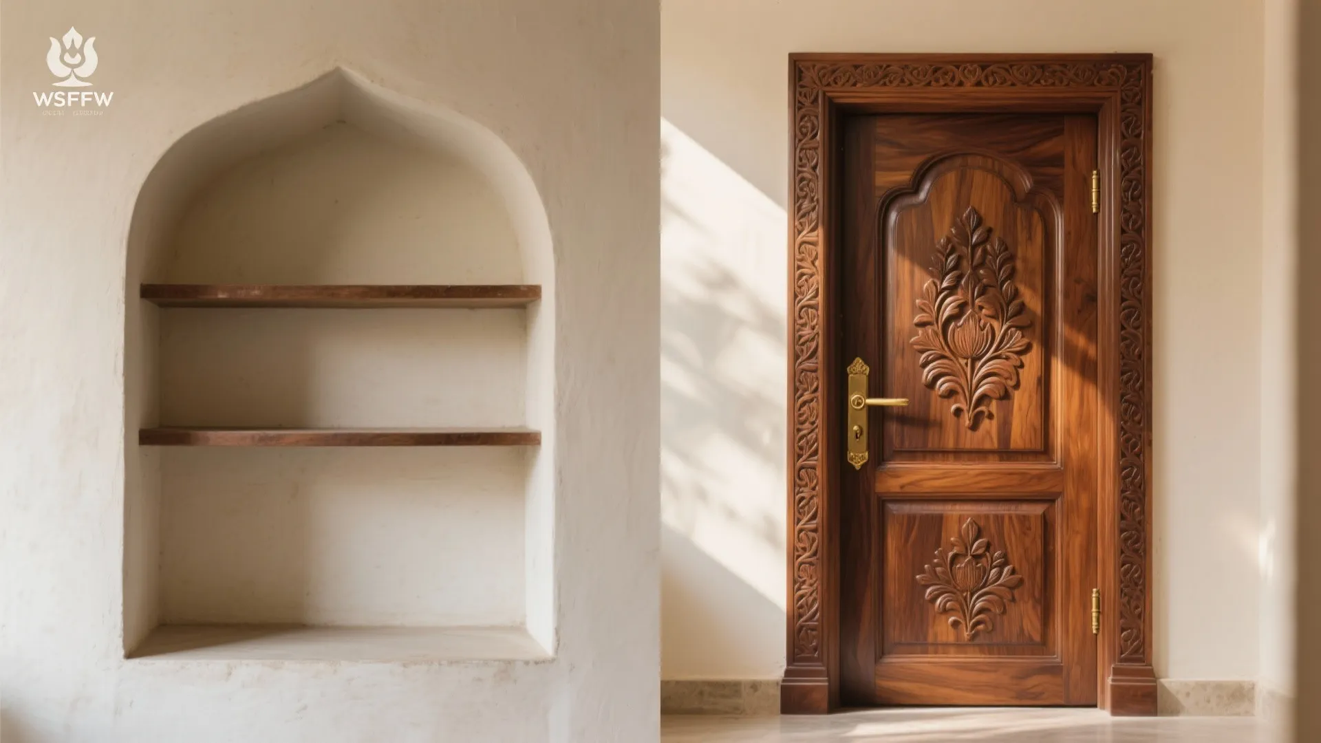 Before-and-after of a pooja niche transformed with a carved teak door.