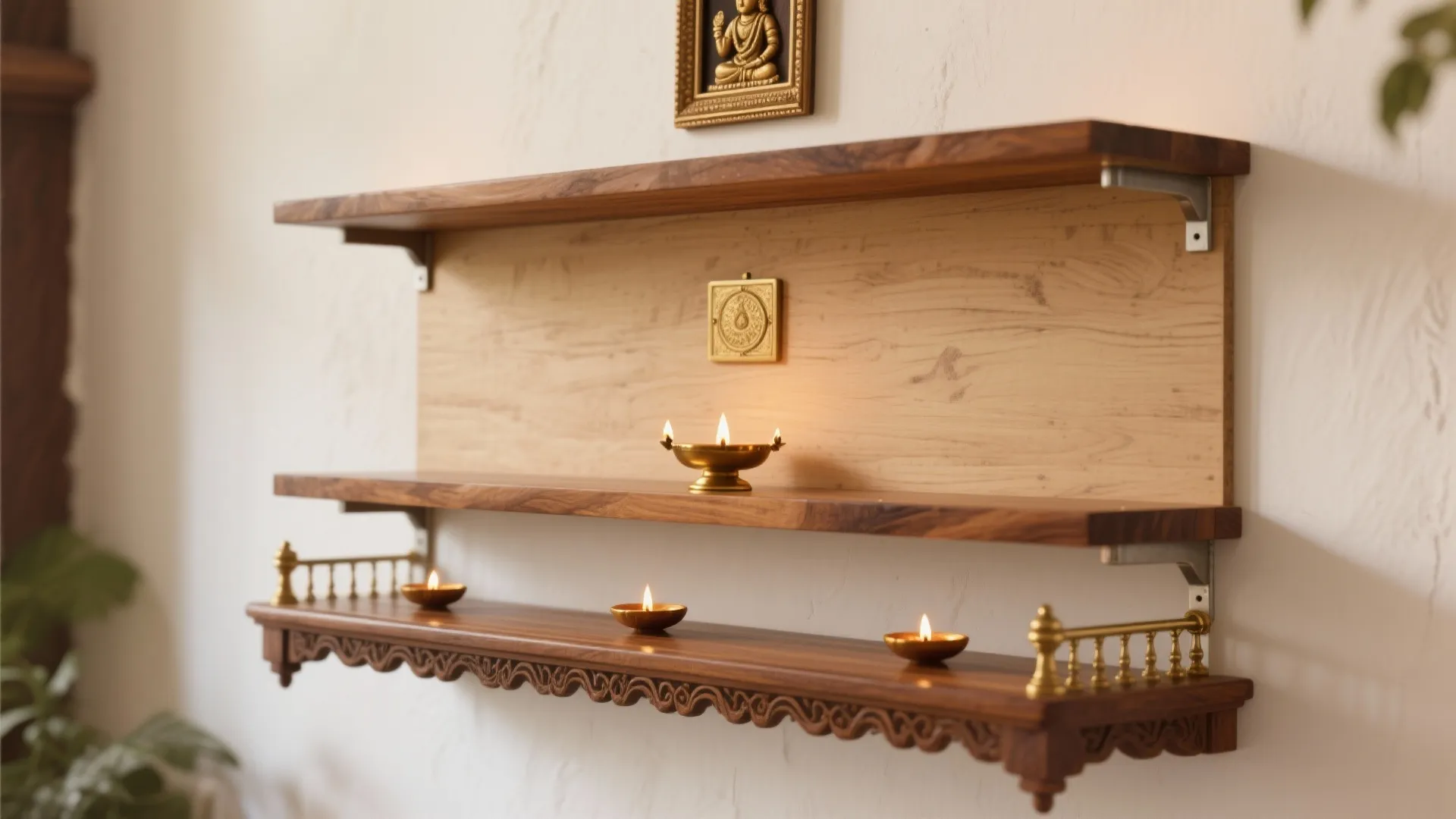 1) Slim teak altar with a brass bell rail