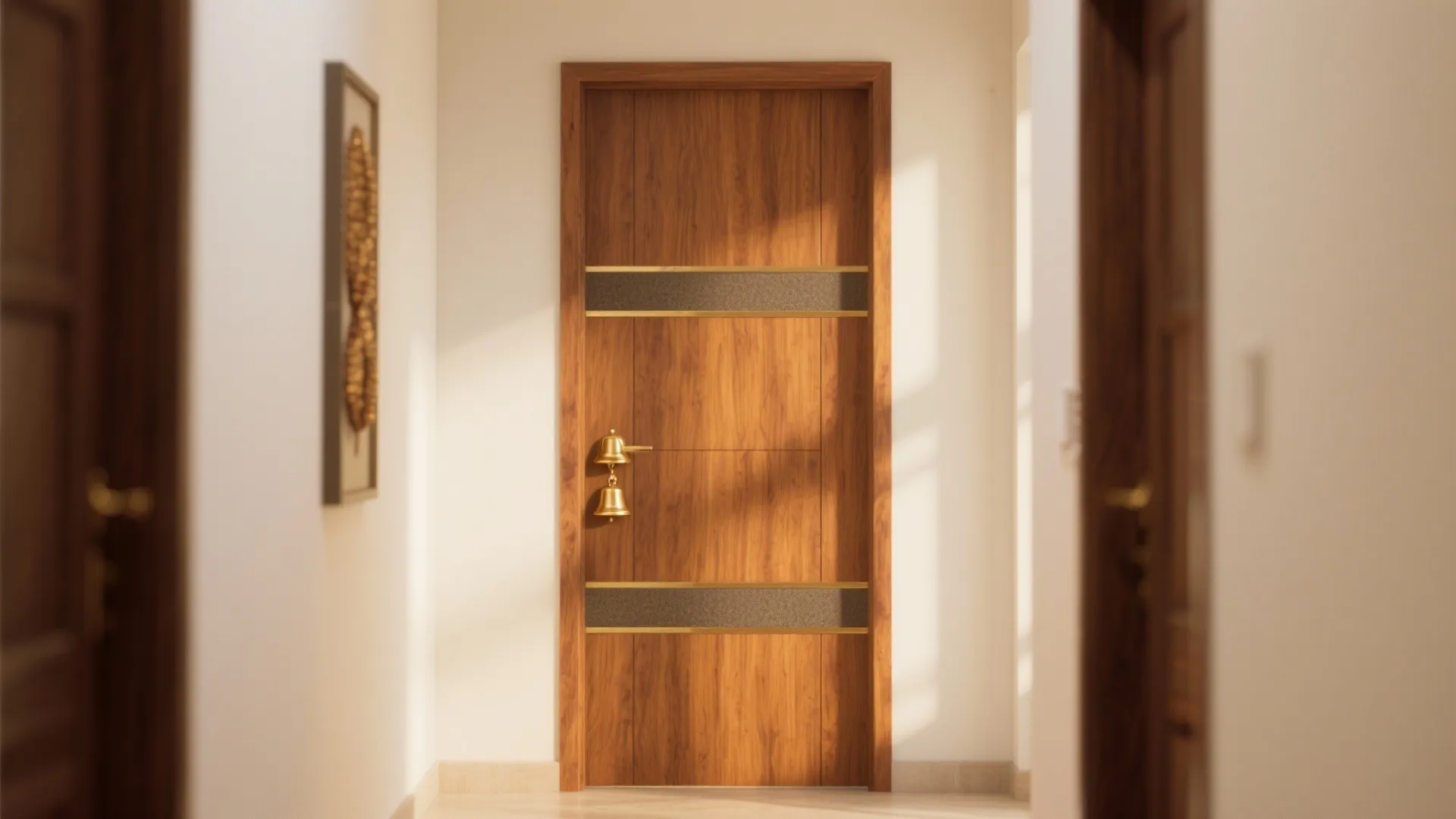 Modern wooden door with dark grey horizontal strips and small brass bells hanging from the handle