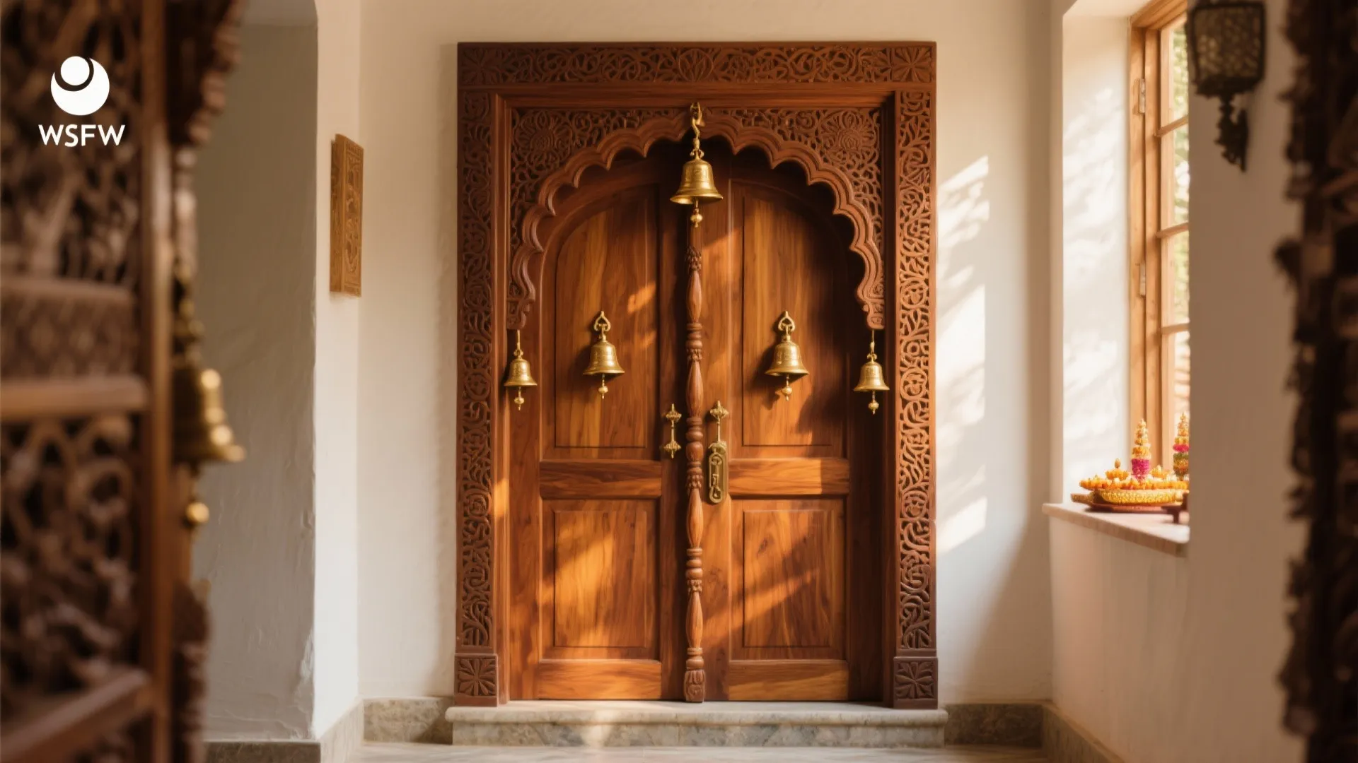 Ornate carved wooden door with golden bells hanging in a doorway with bright soft natural sunlight