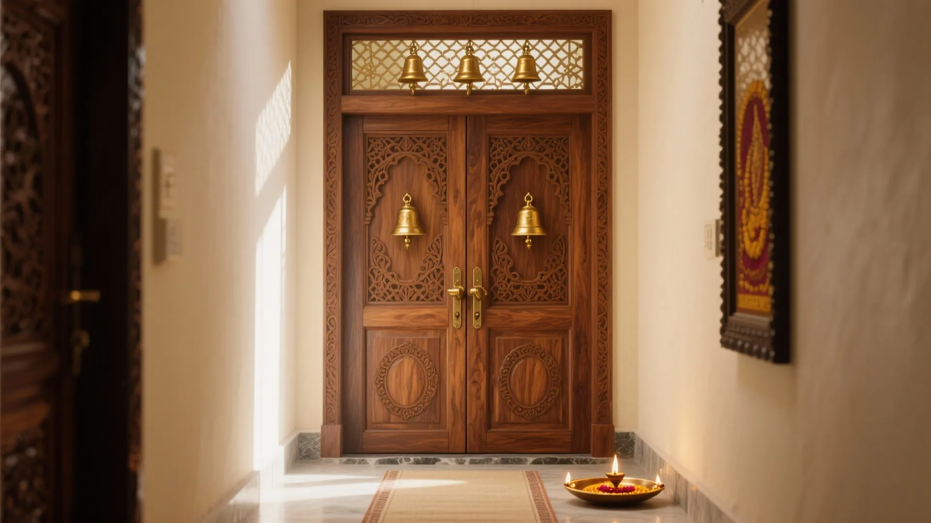 Carved Teak Doors with Brass Bells