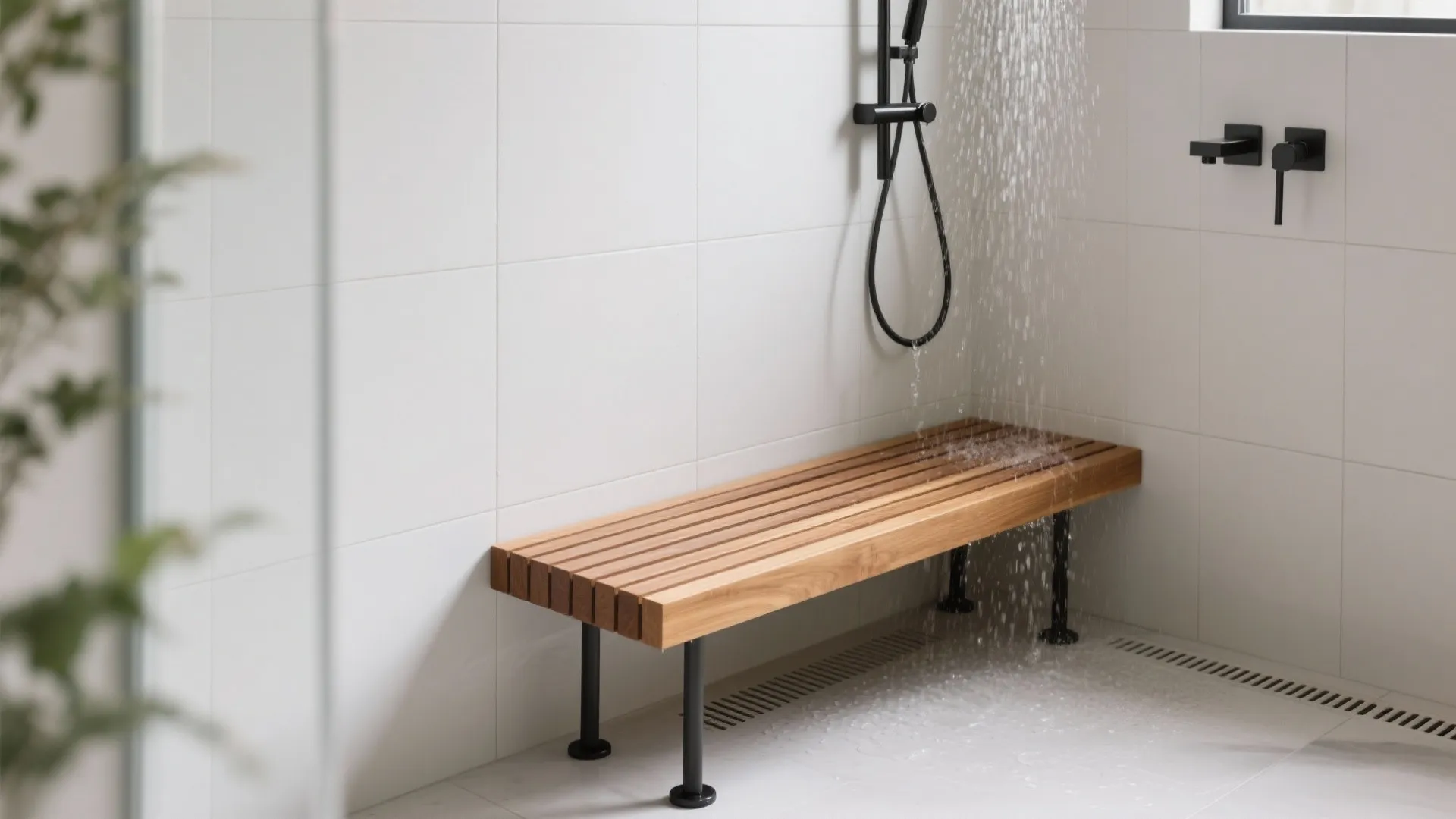Wooden shower bench under running water with black shower head and clean white tiled wall surface