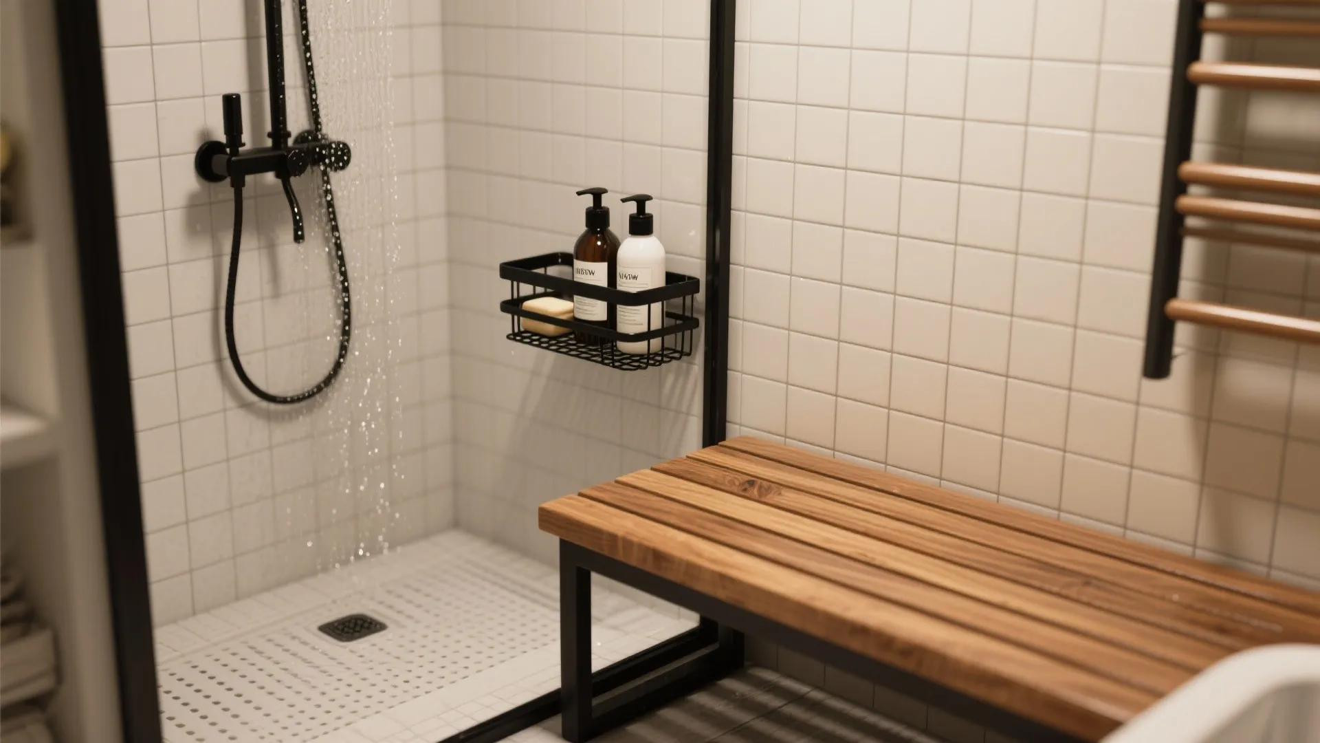 5. Mixed-material shower caddy and bench