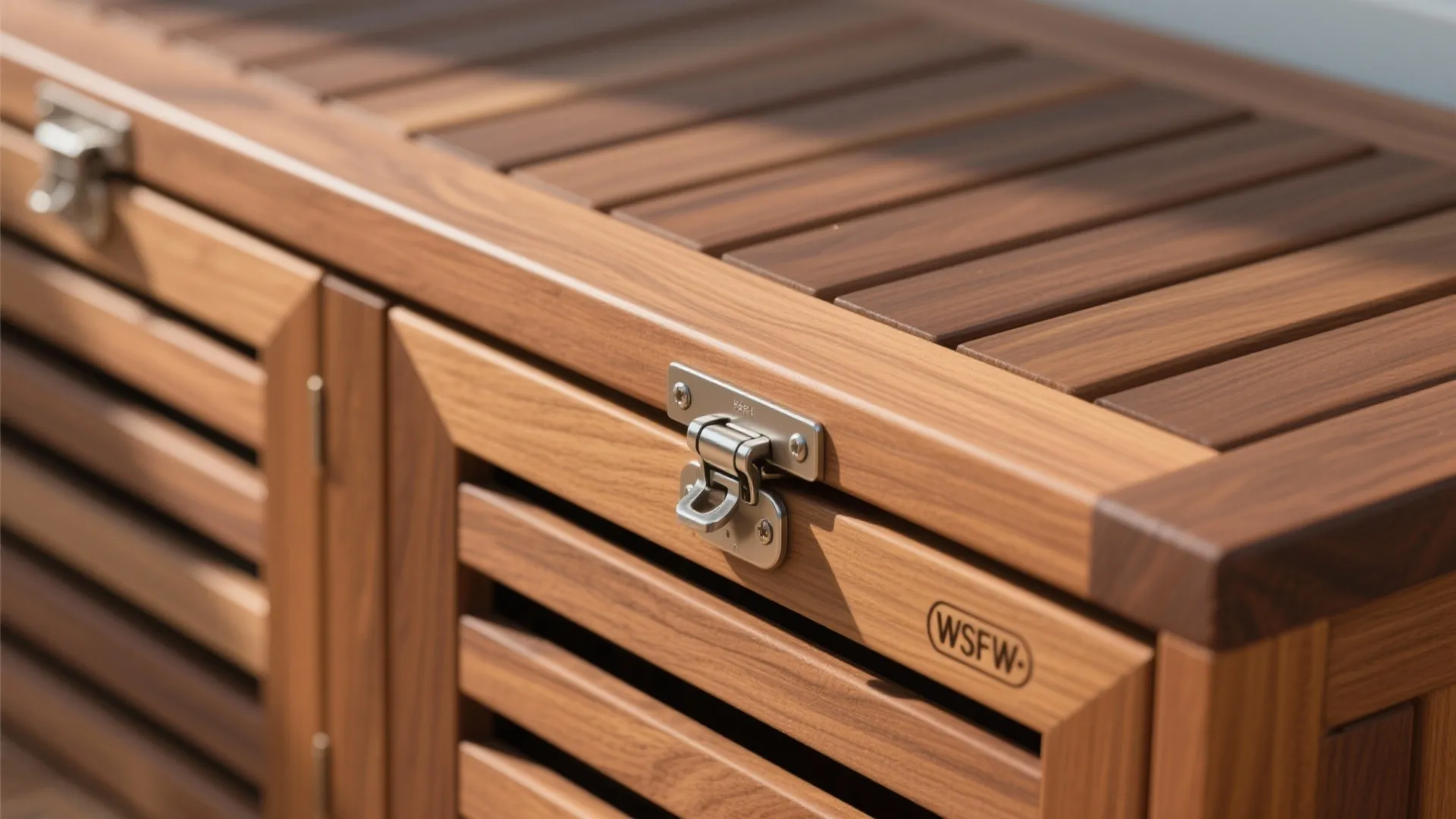 Macro view of a teak storage bench hinge and ventilation slats with marine-grade finish.