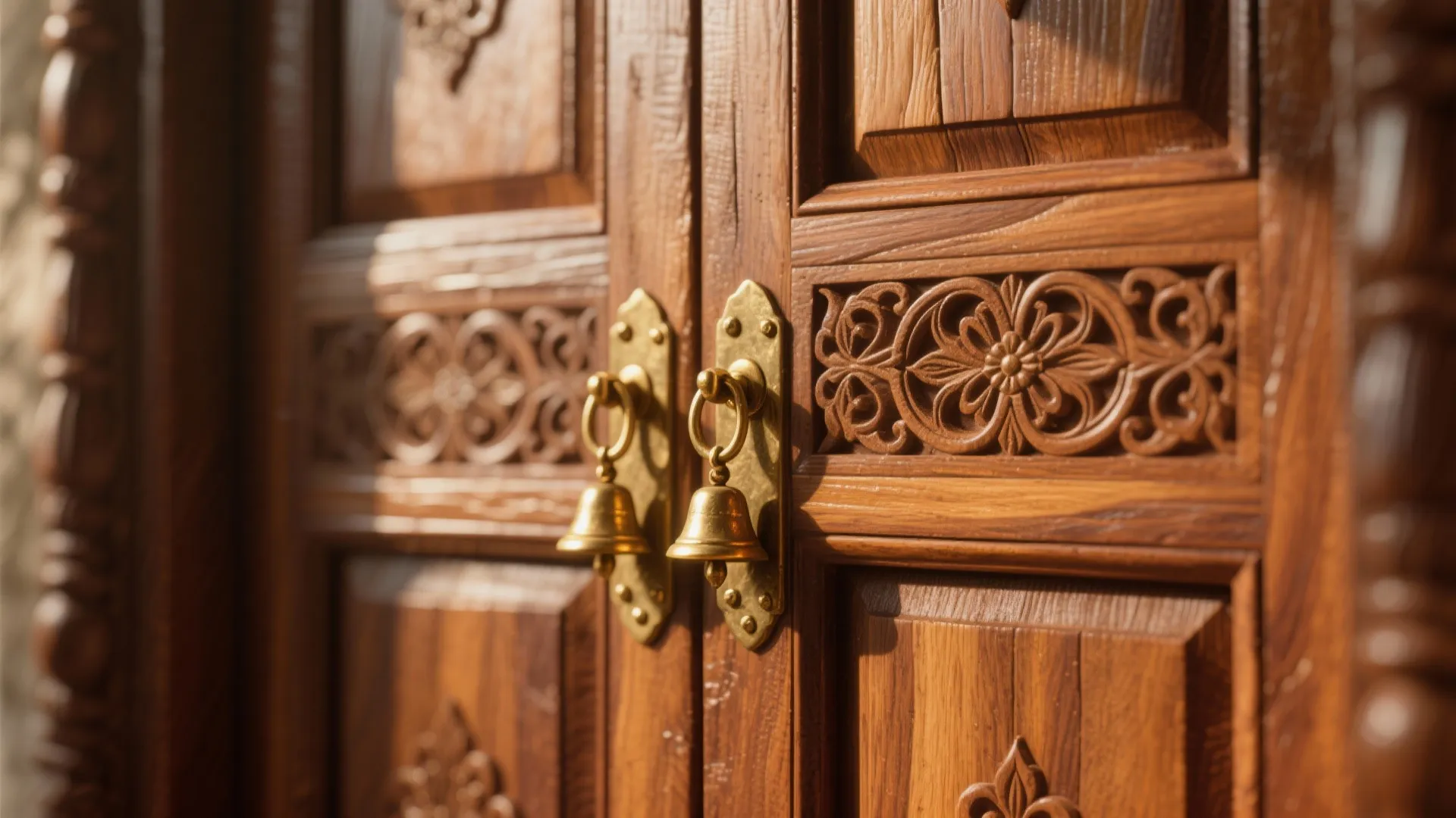 Close up of carved wood door with brass handles and small bells in natural sunlight view