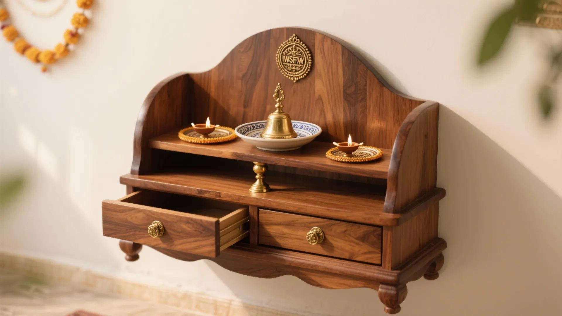 Teak Wood Mandir With Drawer Storage and Brass Accents