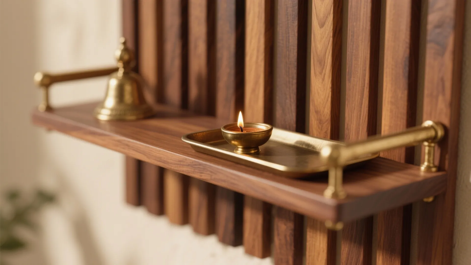 Wooden wall shelf with brass bell and small oil lamp on tray against wood panels