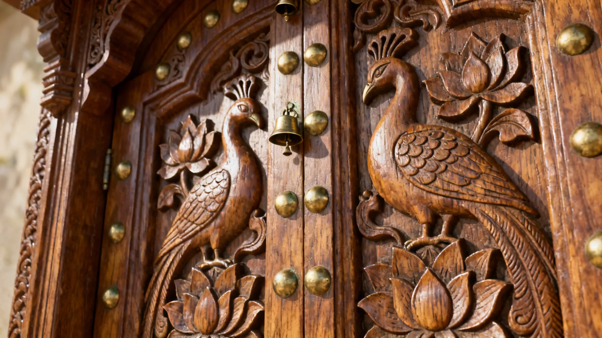 Macro of carved teak pooja door with lotus and peacock motifs and small brass bells.