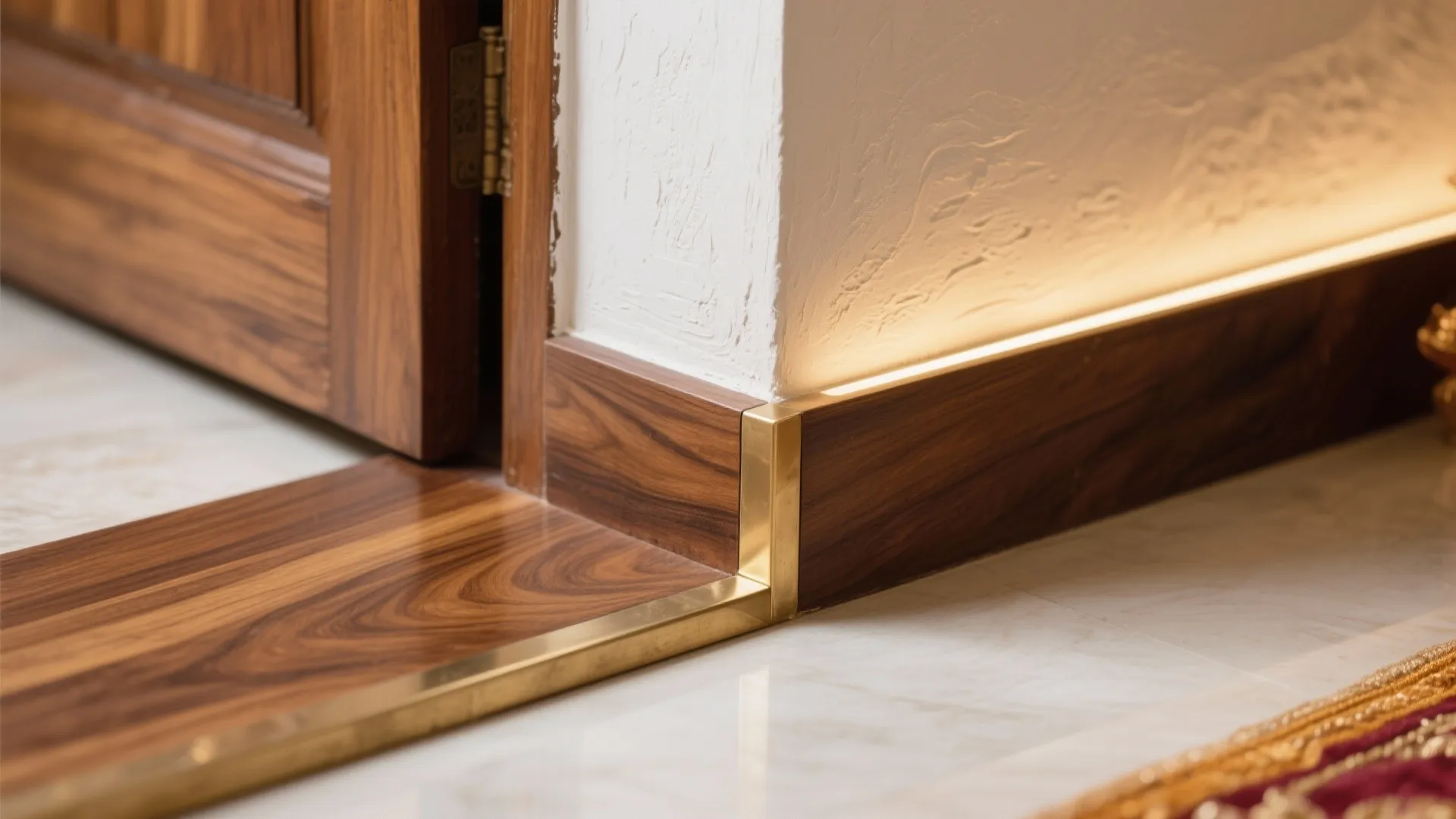 Close-up of teak threshold with brushed brass trim under soft cove lighting.