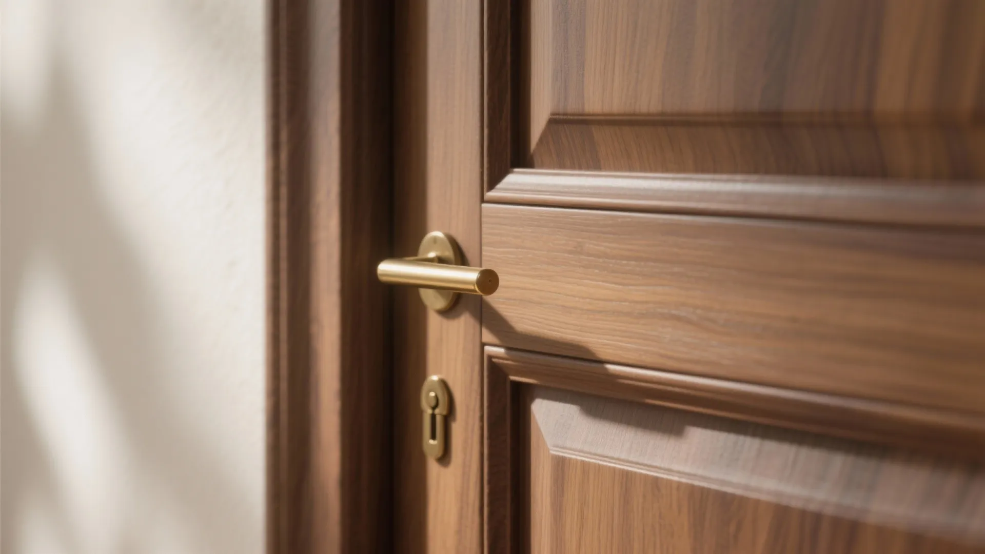 Macro view of teak wood grain with a brushed brass pull on a pooja door.