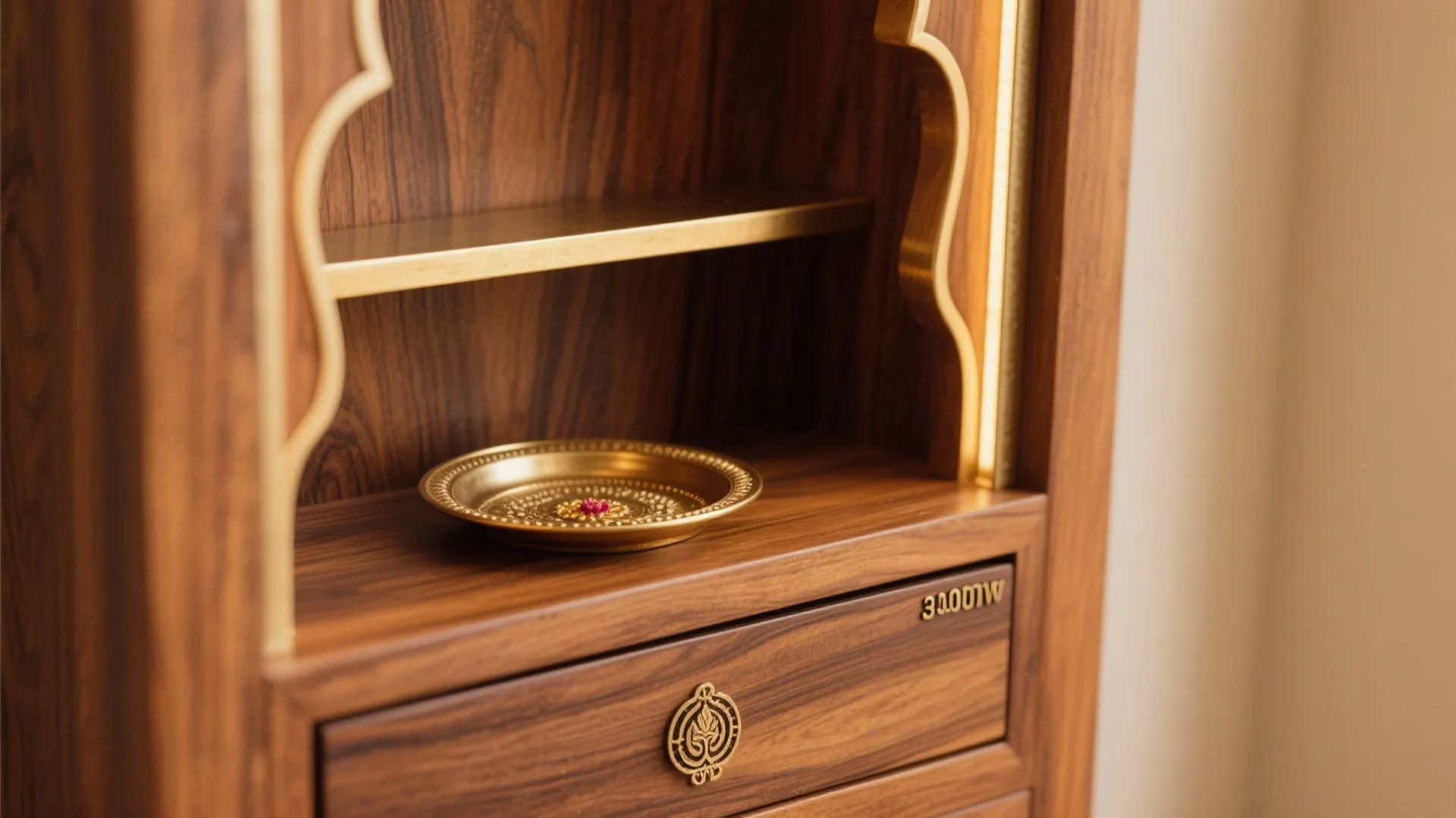 Close-up of wooden cabinet with gold tray on shelf showing high quality wood grain texture