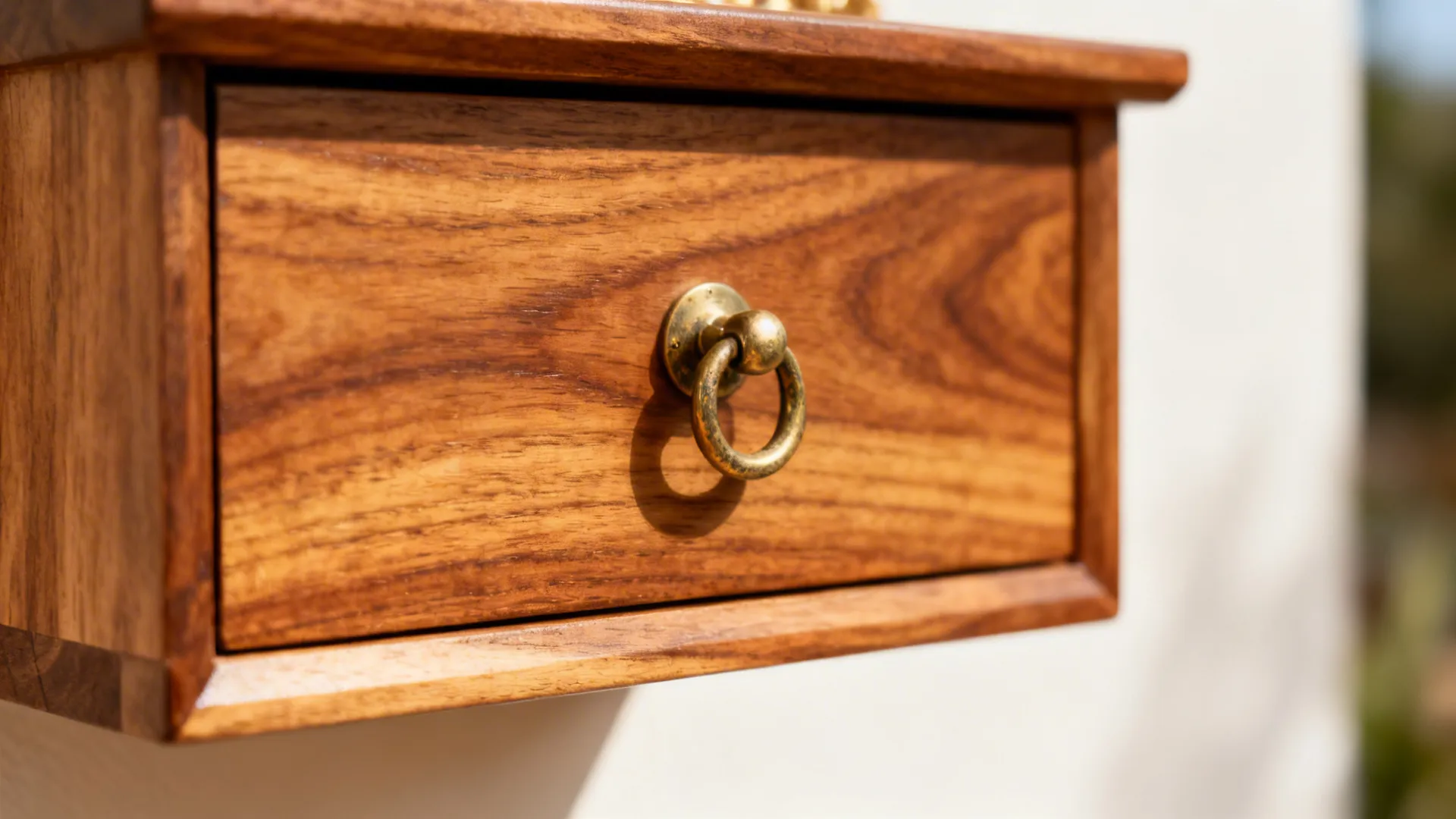 Close-up of teak wood grain and brass handle on a pooja drawer.
