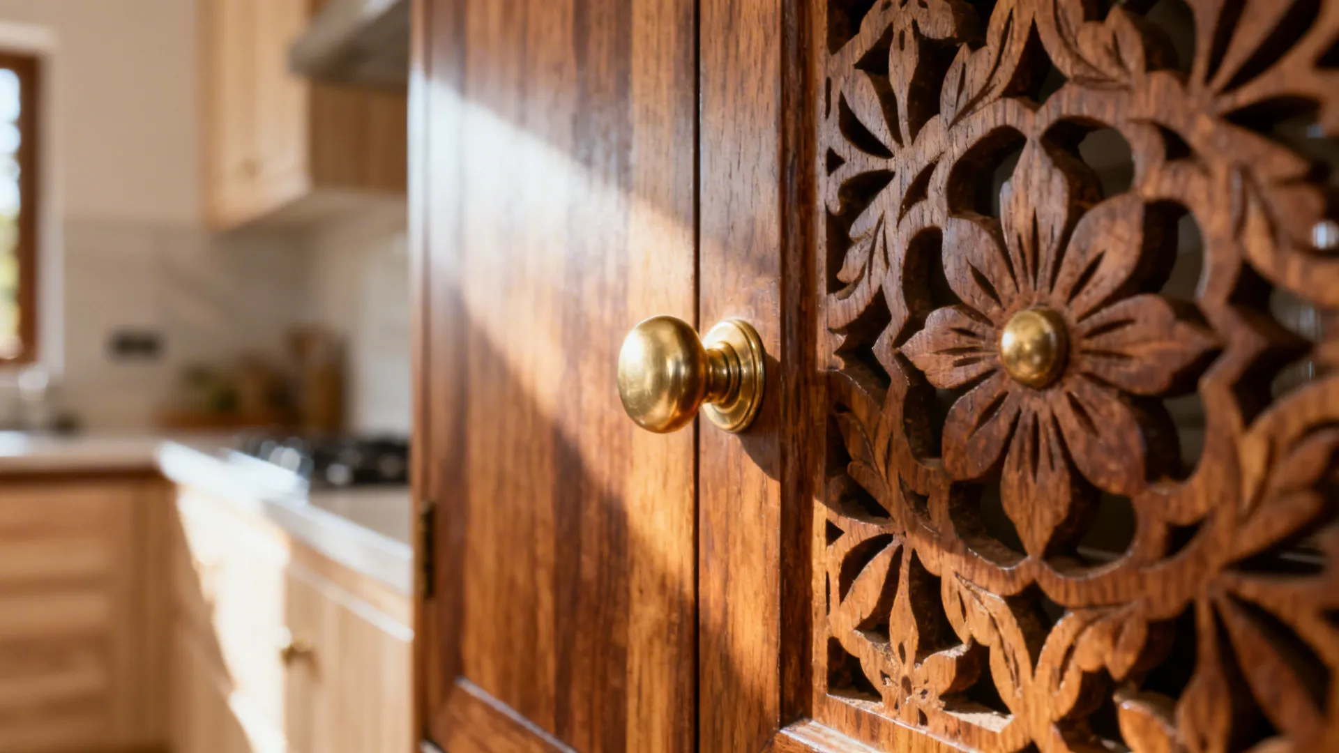 Macro of carved teak cabinet door with floral pattern and brushed brass knob in warm light.