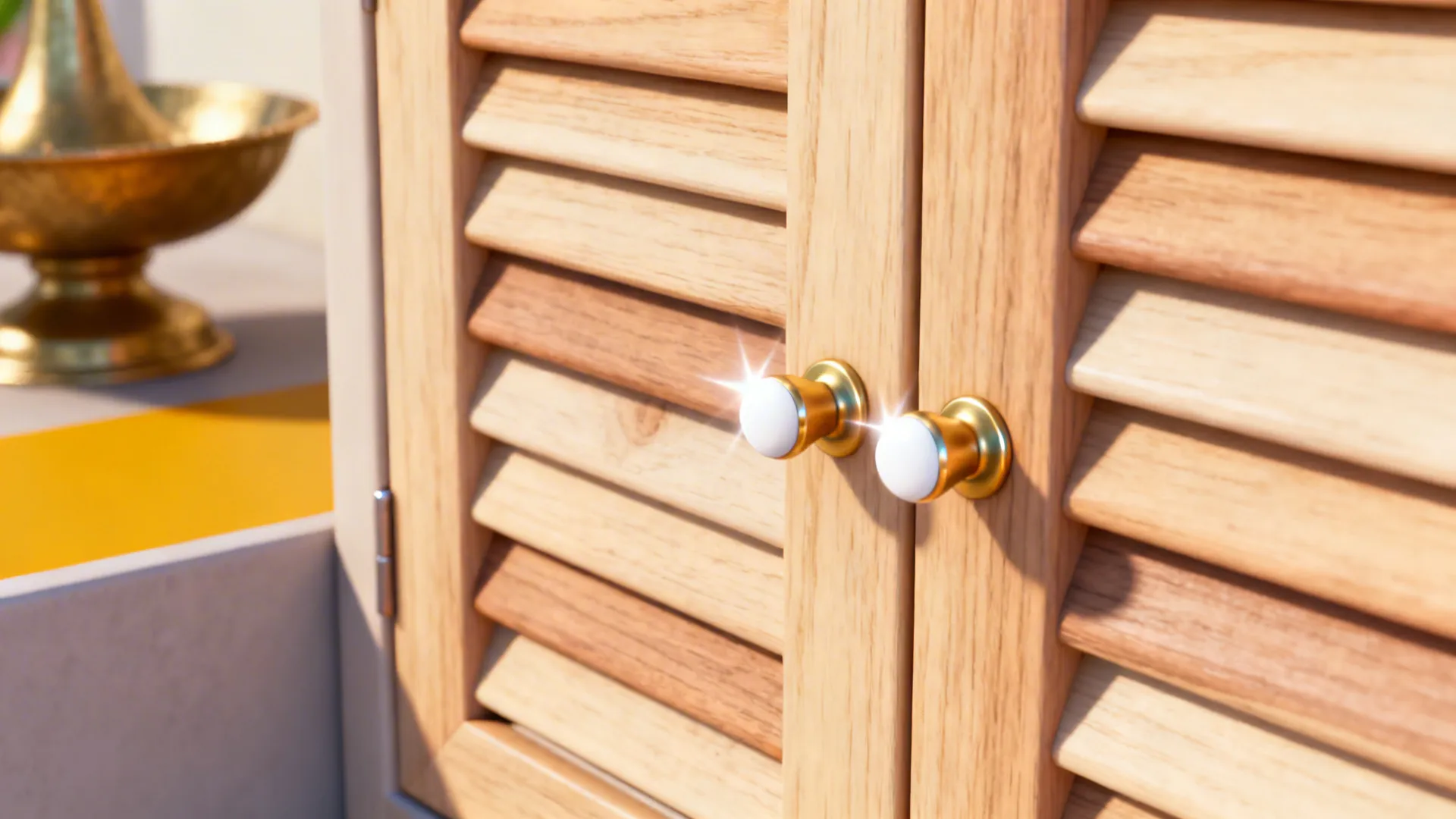 Macro of light teak cabinet with brass handle showing clean cartoon-style sheen.