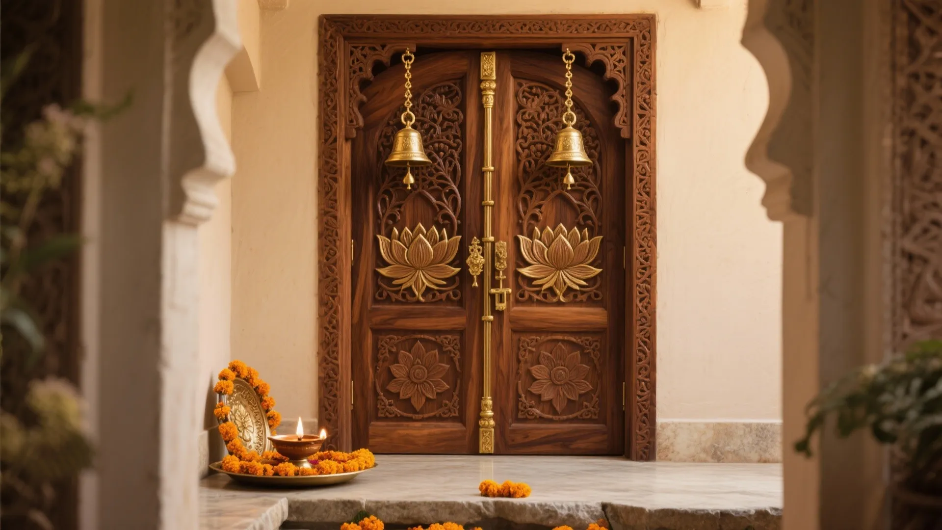 Carved wooden double doors with lotus flowers and hanging bells decorated with orange flower garlands