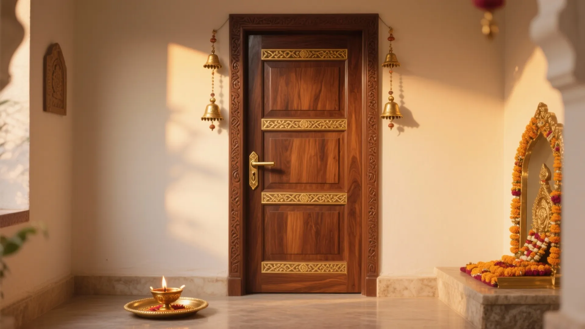 Wooden door with gold metal patterns hanging bells orange flowers and a small oil lamp