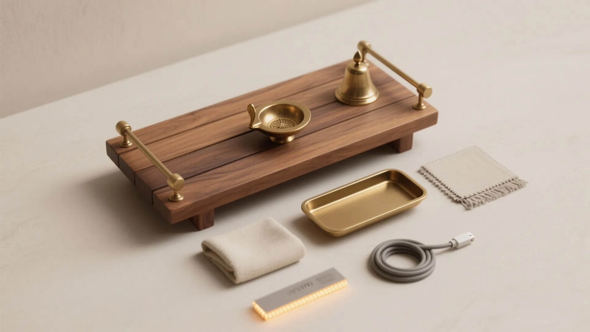 Teak and brass accents for warm, timeless character