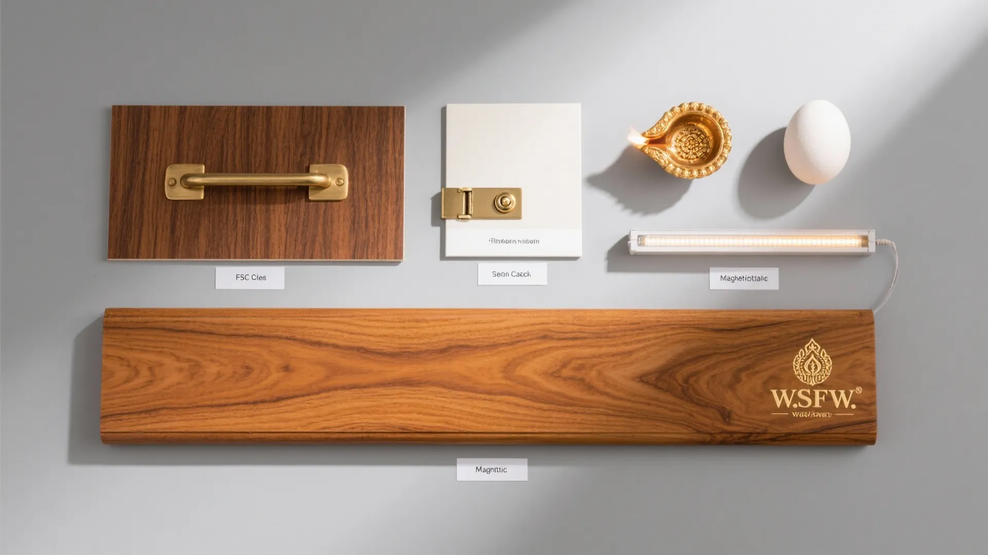 Interior design materials including wood samples brass handle white panel oil lamp and small light fixture