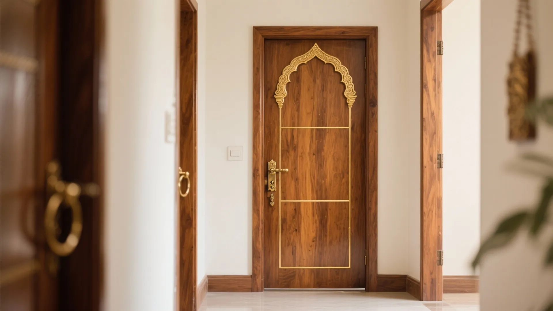 Wooden door with gold metal frame and decorative arch standing in a white hallway with light