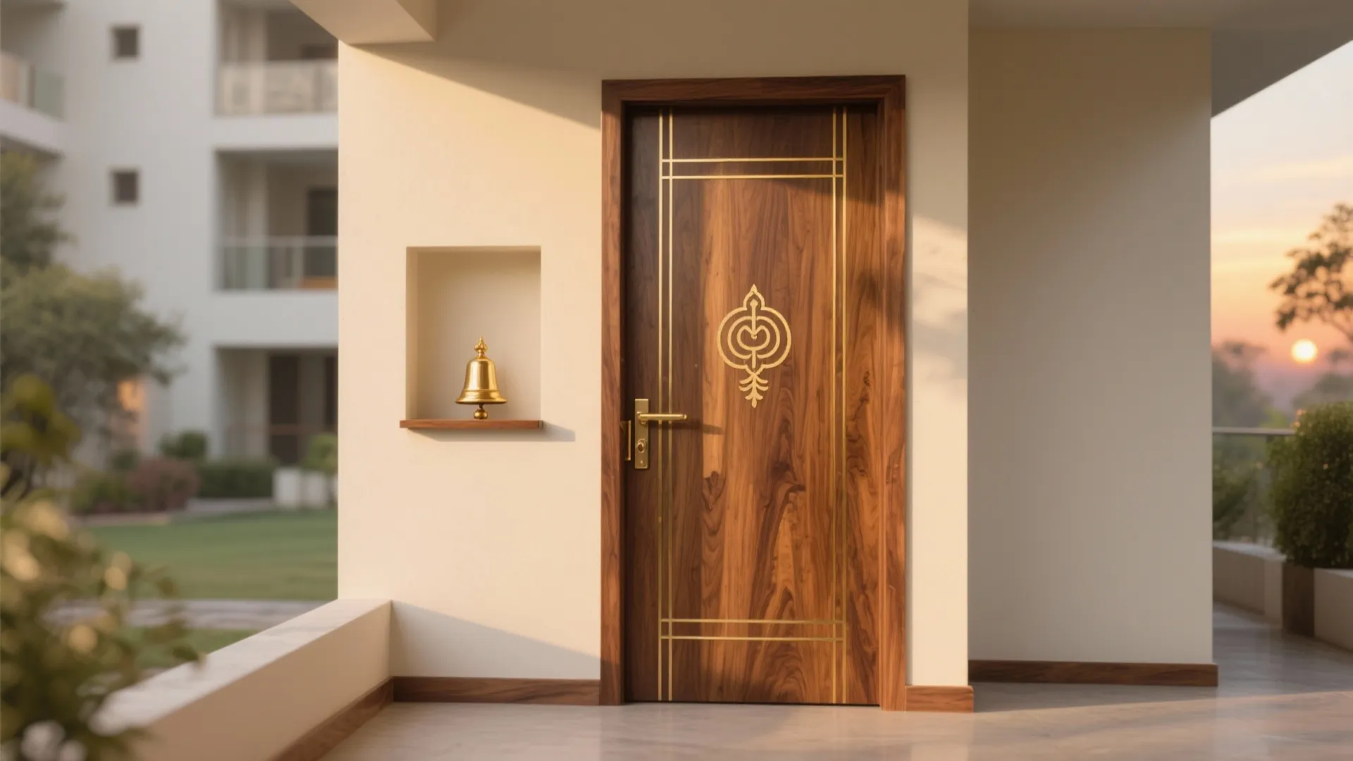 Teak Doors with Brass Inlay and Etched Symbols
