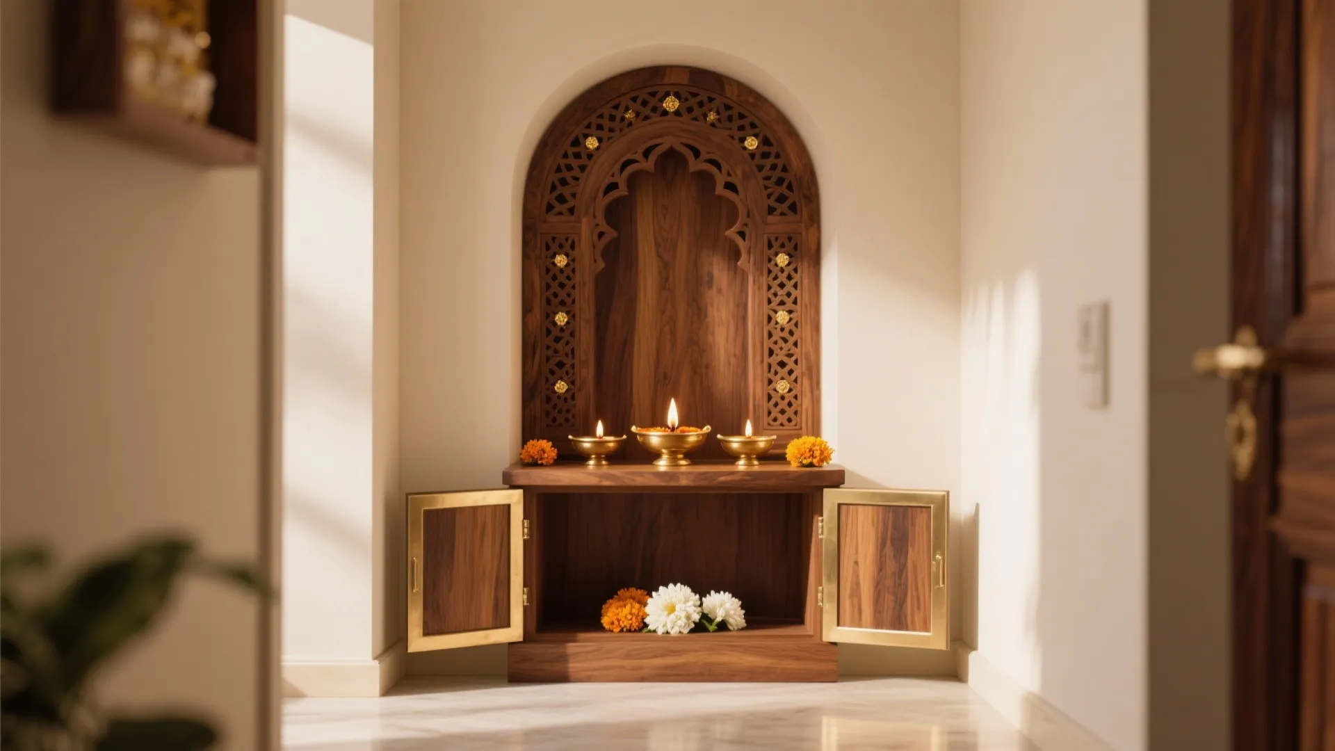 Carved Teakwood Jali with Brass Accents