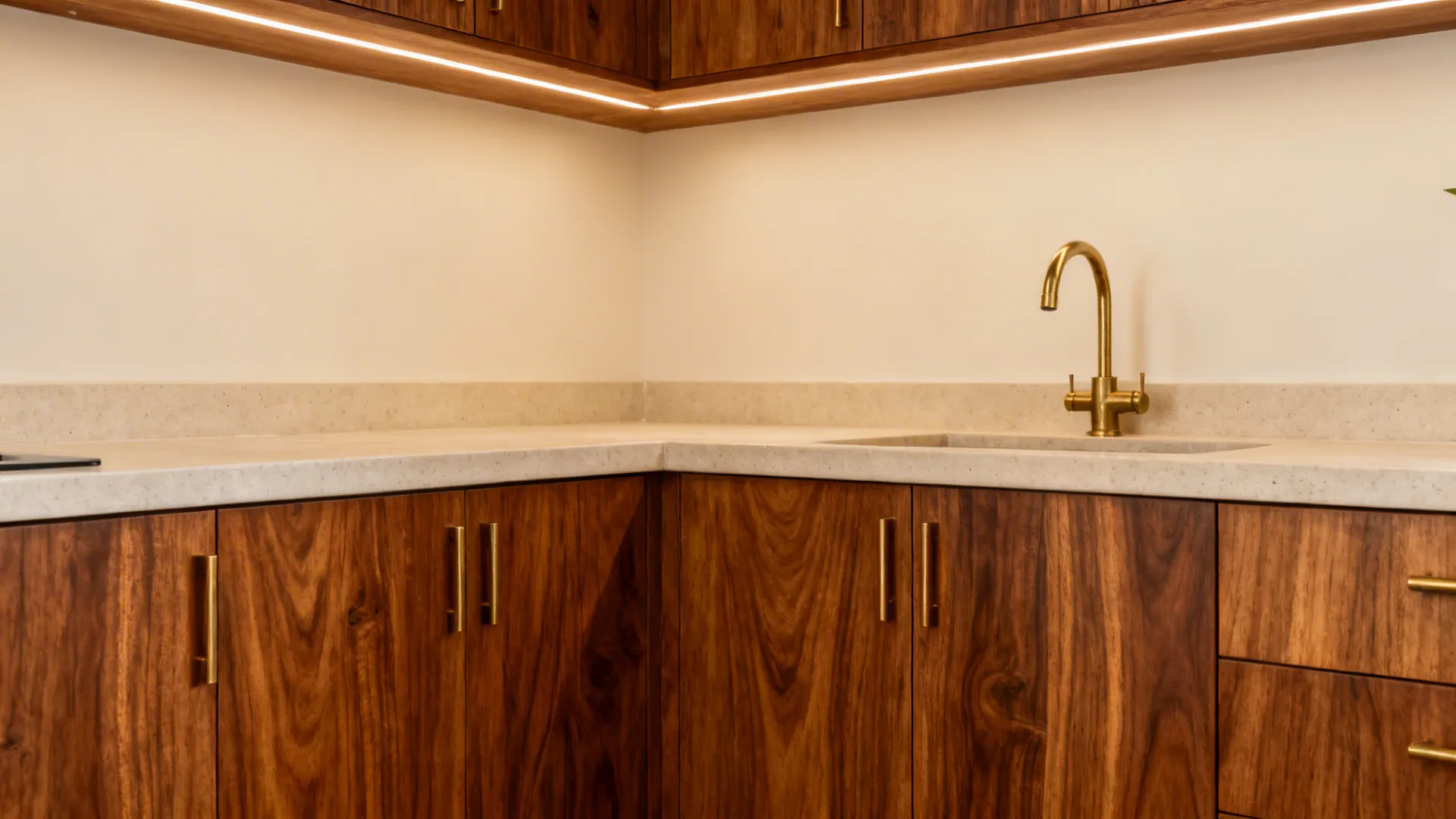 Warm teak cabinets with patinated brass hardware and a brass faucet in a compact Kerala kitchen.