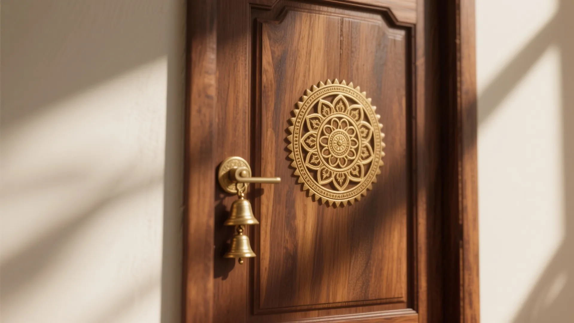 Teak Panel Doors with Brass Inlay and Bells