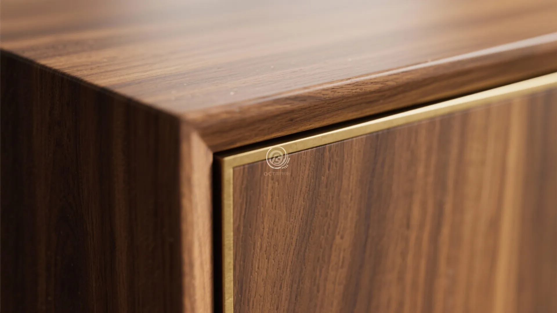 Close up view of a dark wooden cabinet door showing gold metal trim and wood grain