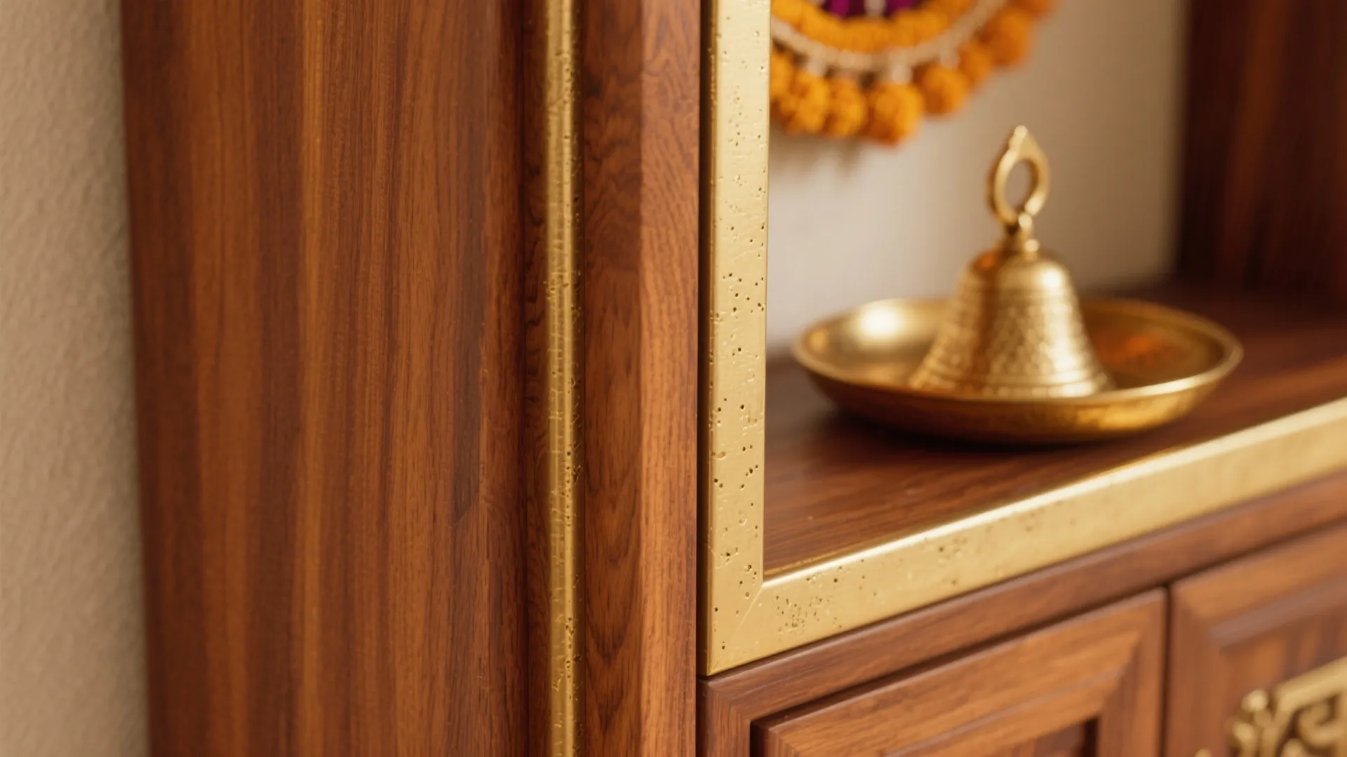 Close up view of wooden cabinet with gold frame and small brass bell on top