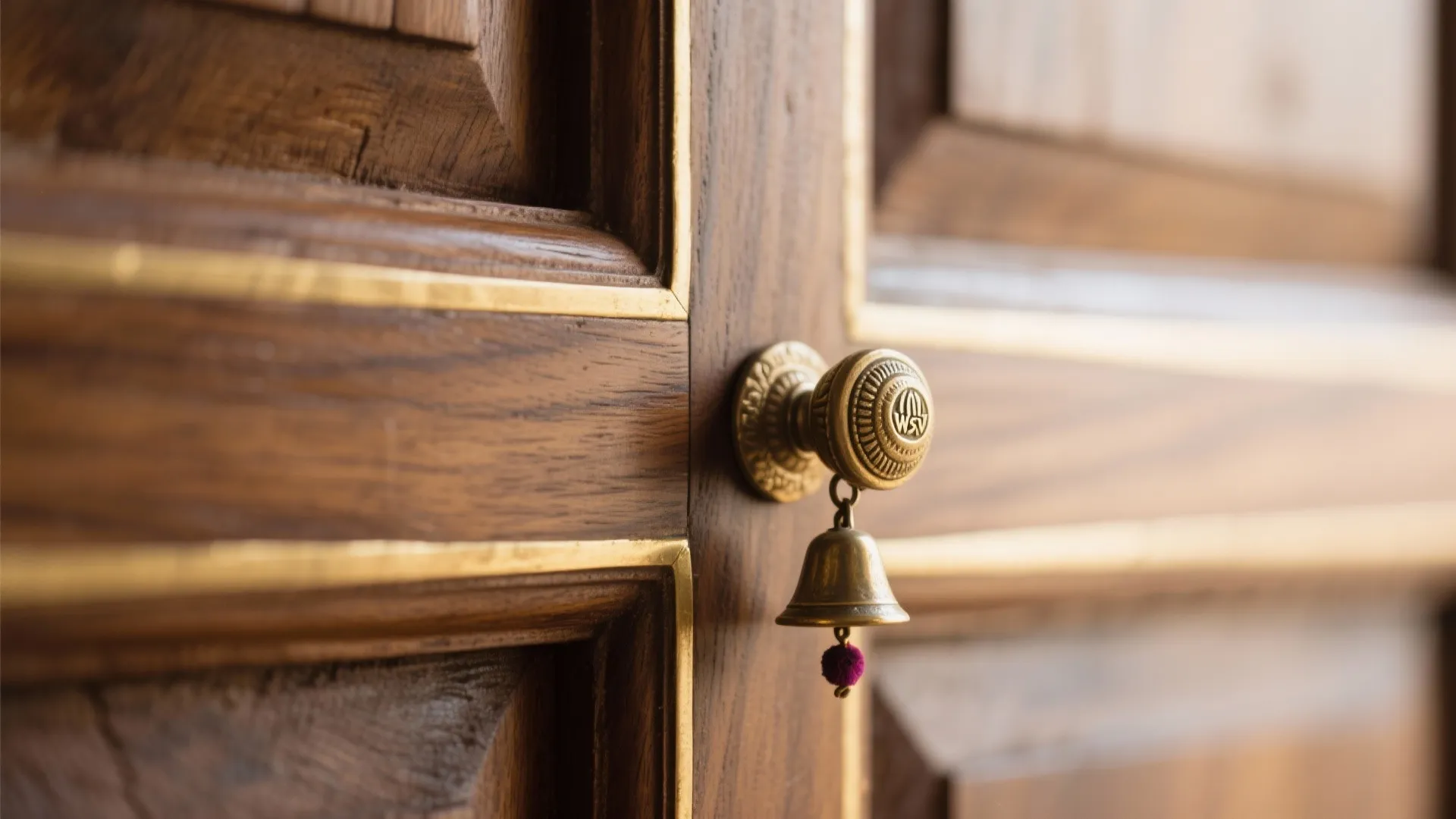 Close up view of wooden door with gold metal lines and small brass bell hanging
