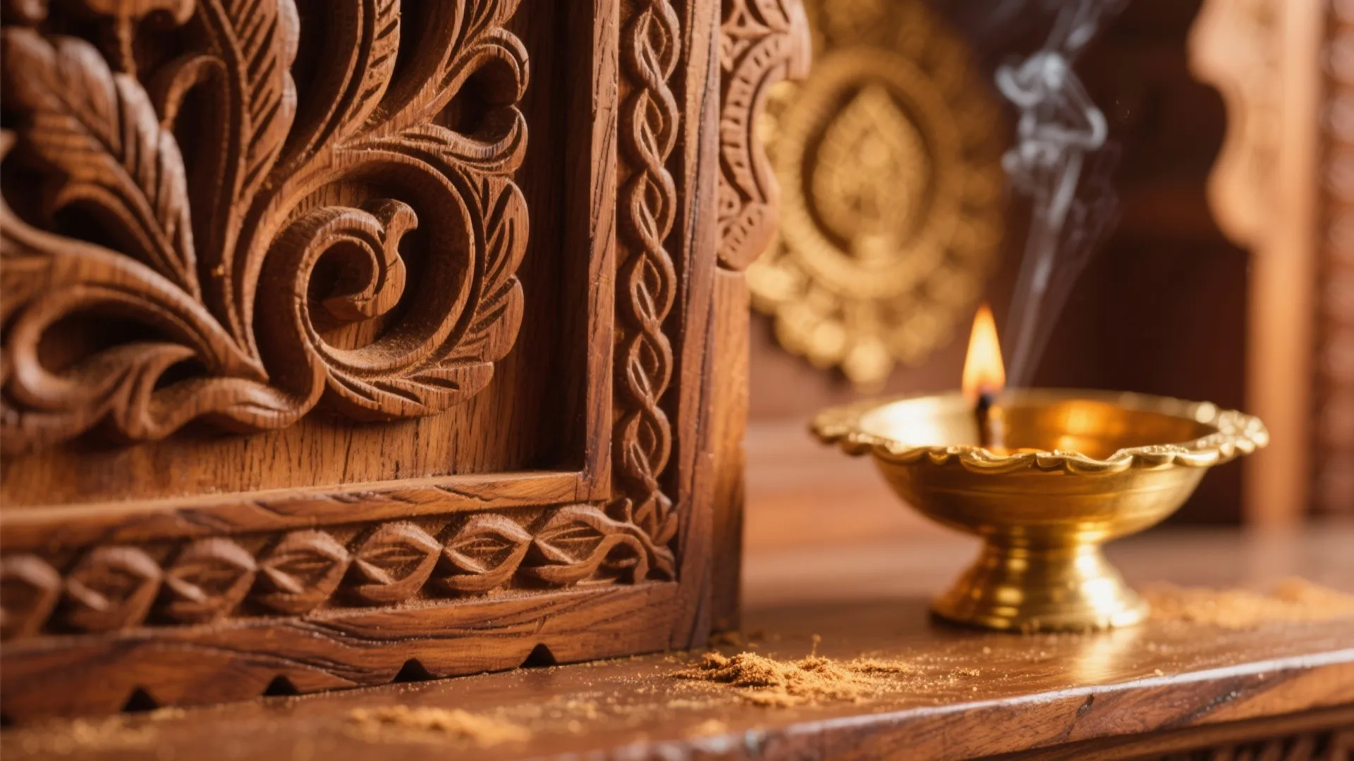 Detailed wooden carved cabinet close up featuring a lit brass oil lamp with rising smoke