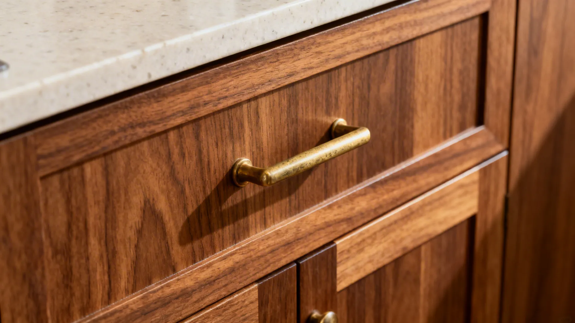 Macro view of teak-tone cabinet with brushed brass pull and light quartz edge under soft daylight.