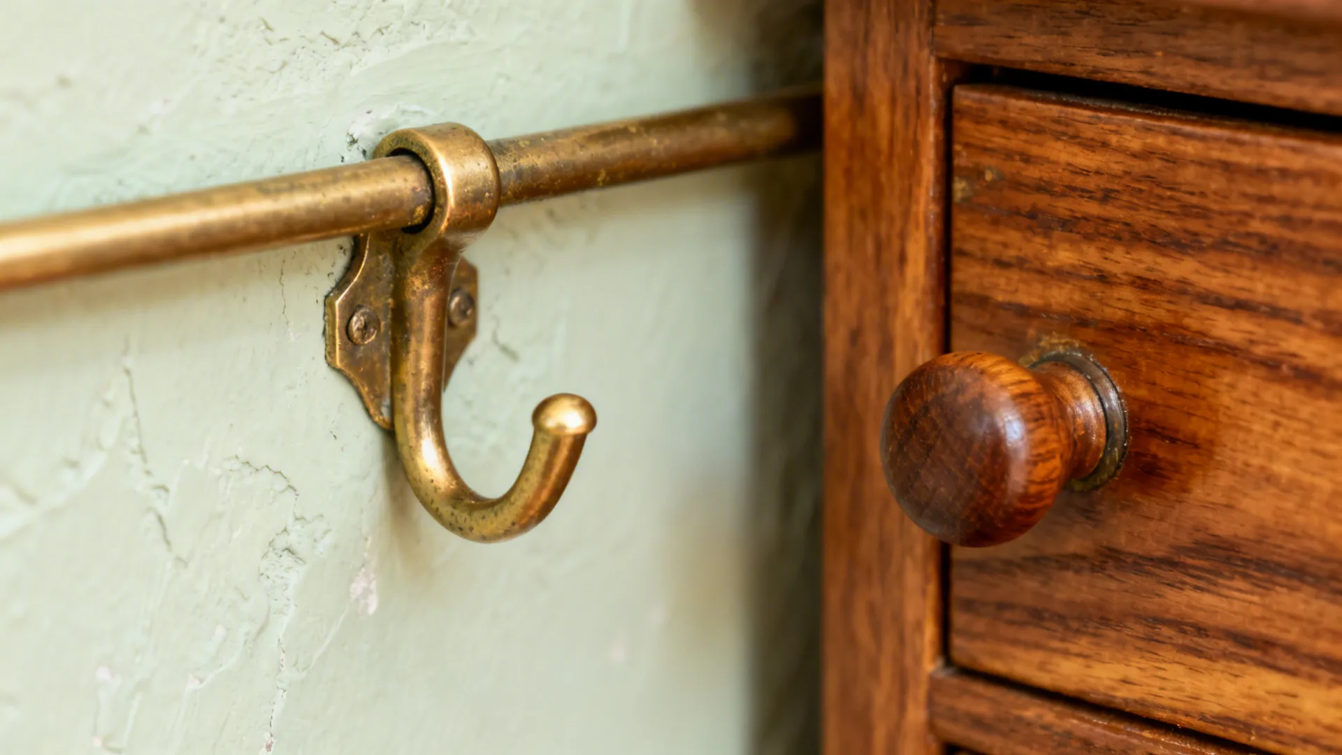 Macro of a teak handle and brass rail on a limewashed wall with warm patina.