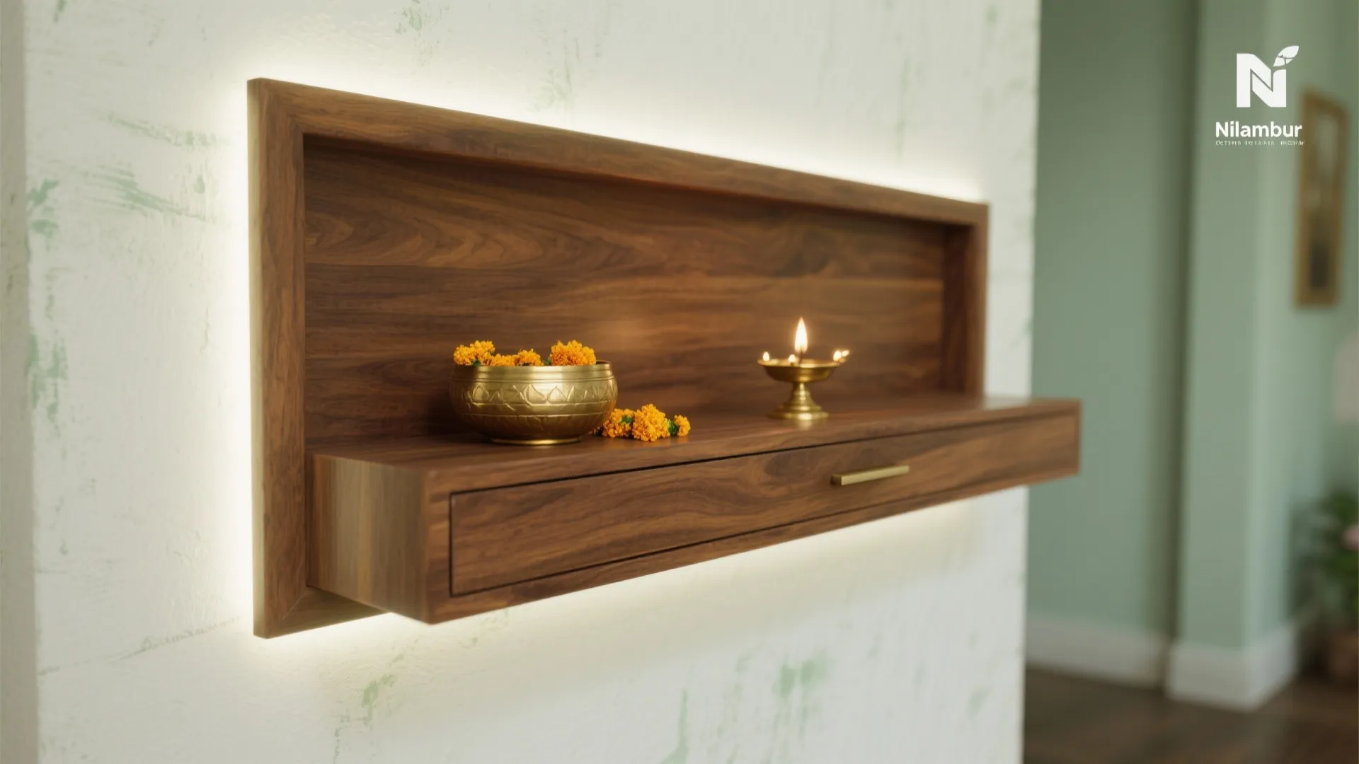 Teak-Wood Wall Mandir with Brass Uruli Accents