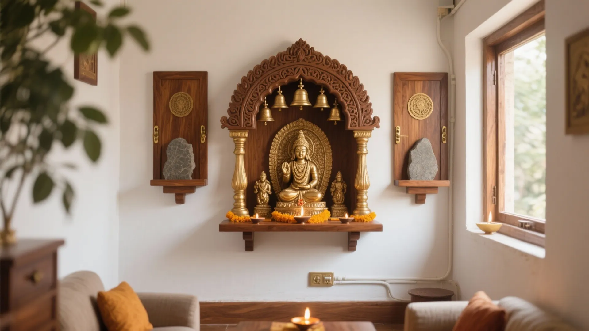 Teak-and-brass mandir with hand-carved details