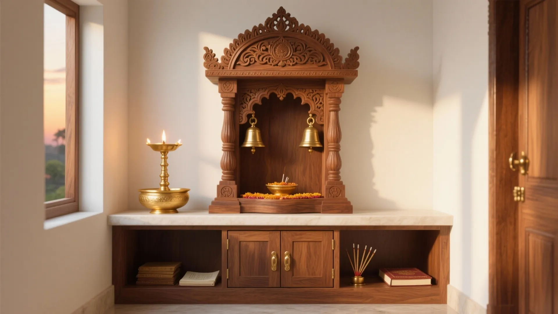 Teak-Wood Mandir with Brass Bells