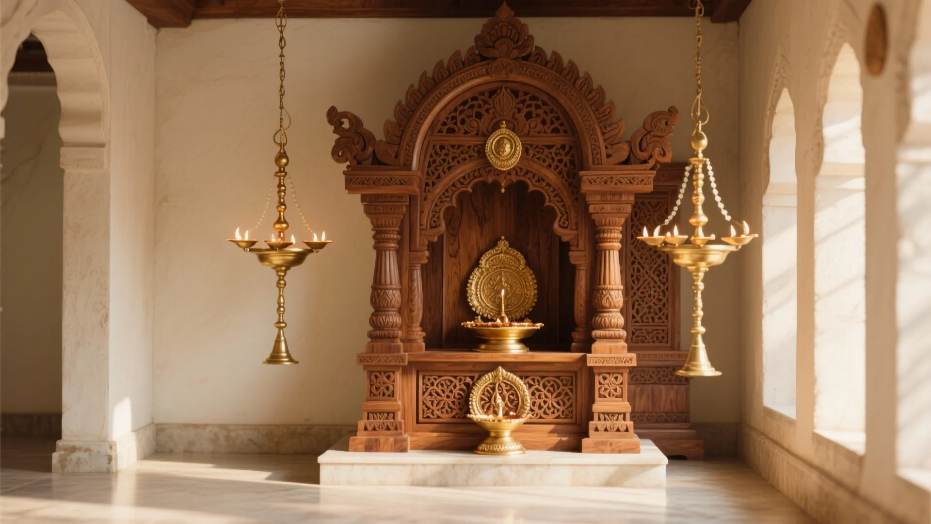 Ornate carved wooden altar cabinet with hanging gold light fixtures in a bright stone room