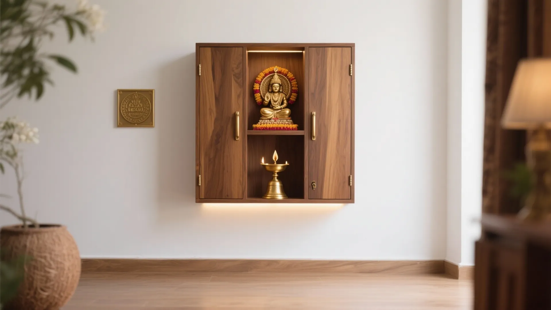 Modern wall mounted wooden cabinet with brass statue inside and light fixture on white wall