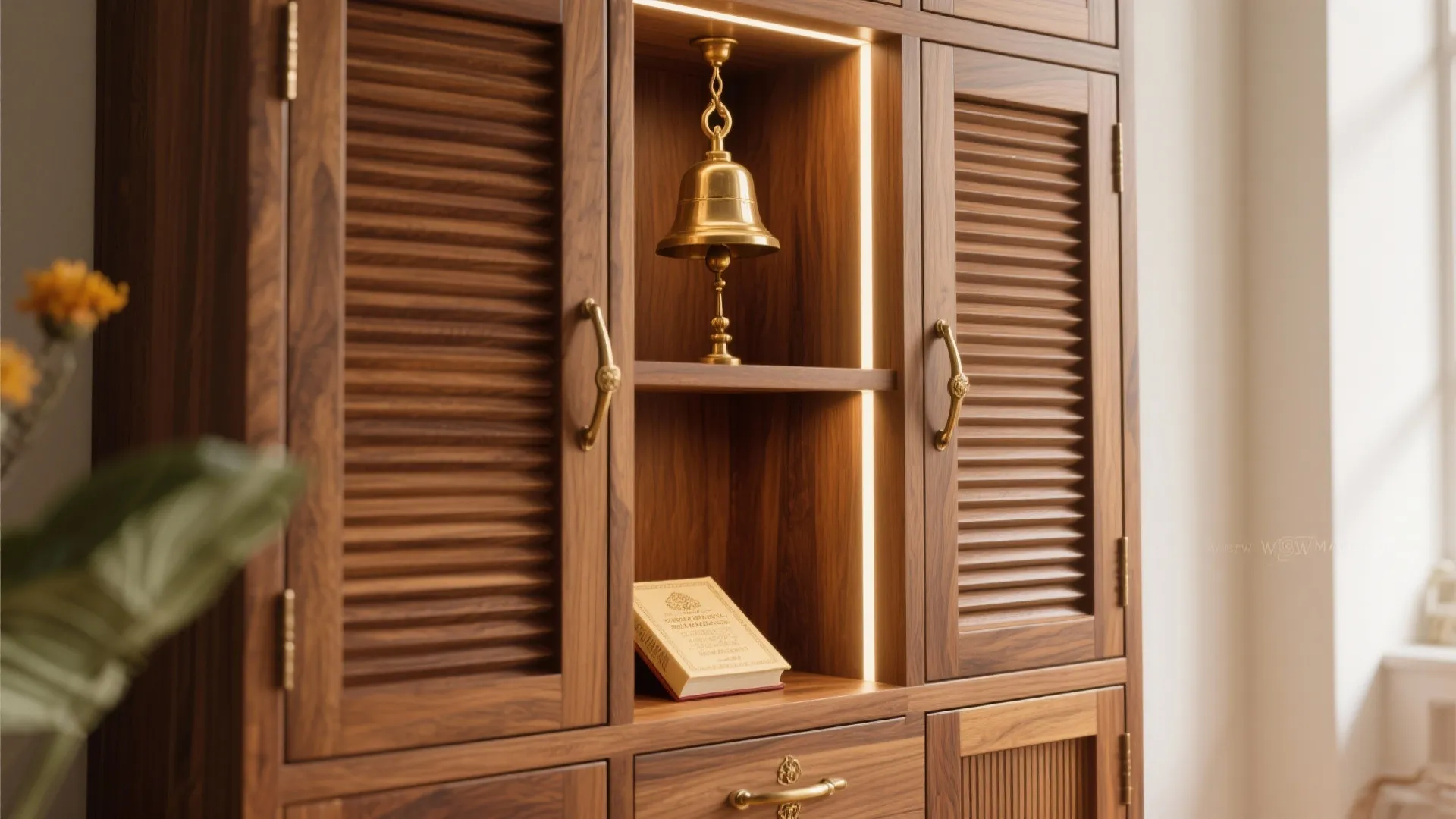Wooden cabinet with brass bell in light niche above a small book and shutter doors